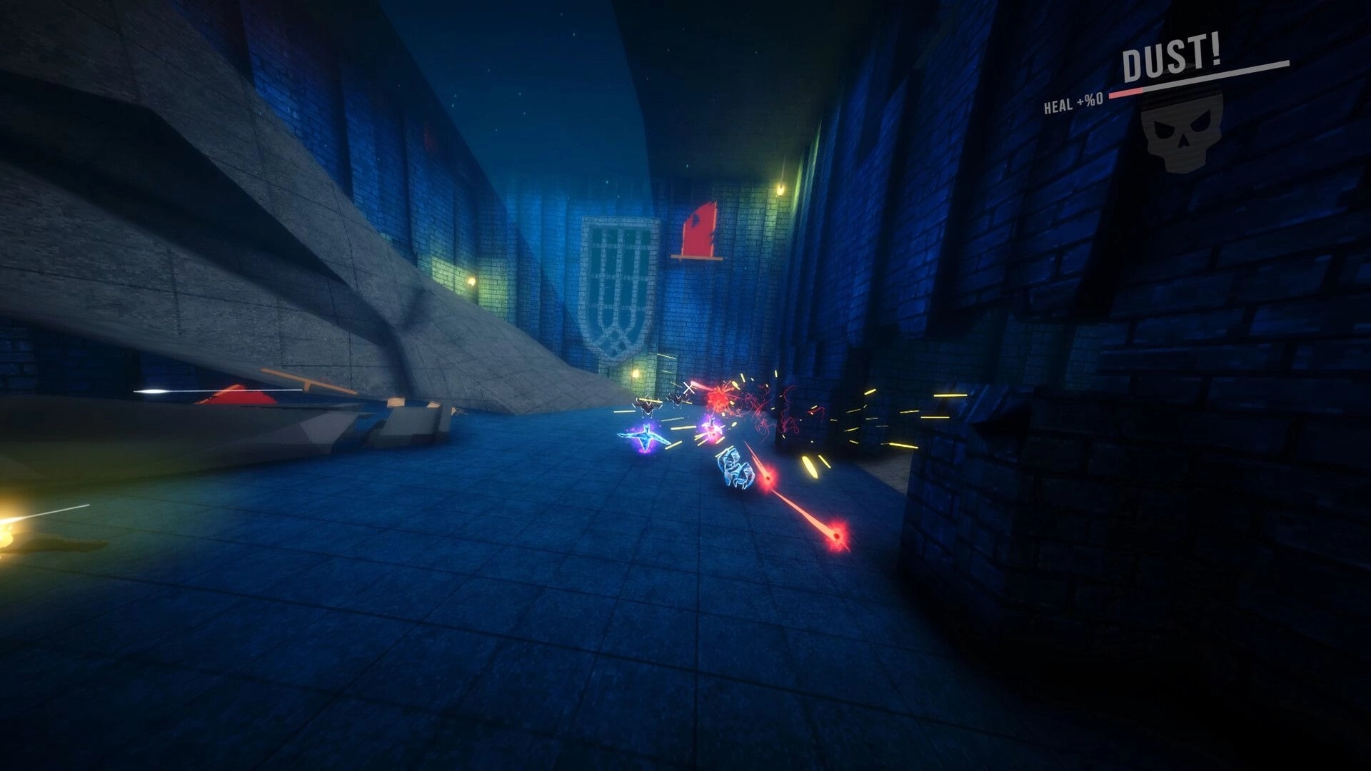 Dimenshot: Projectile firefight with sparks and energy trails in a blue brick corridor under DUST! UI.