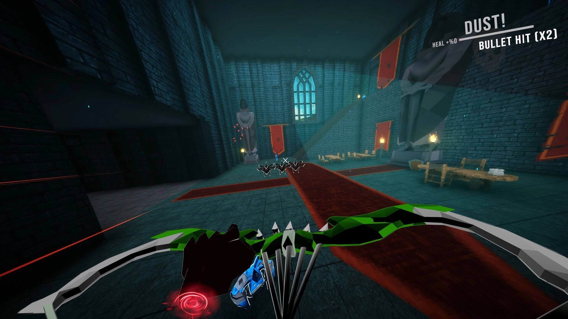 Dimenshot: First-person bow aiming at enemies, DUST! and BULLET HIT UI inside a stone chapel hall.