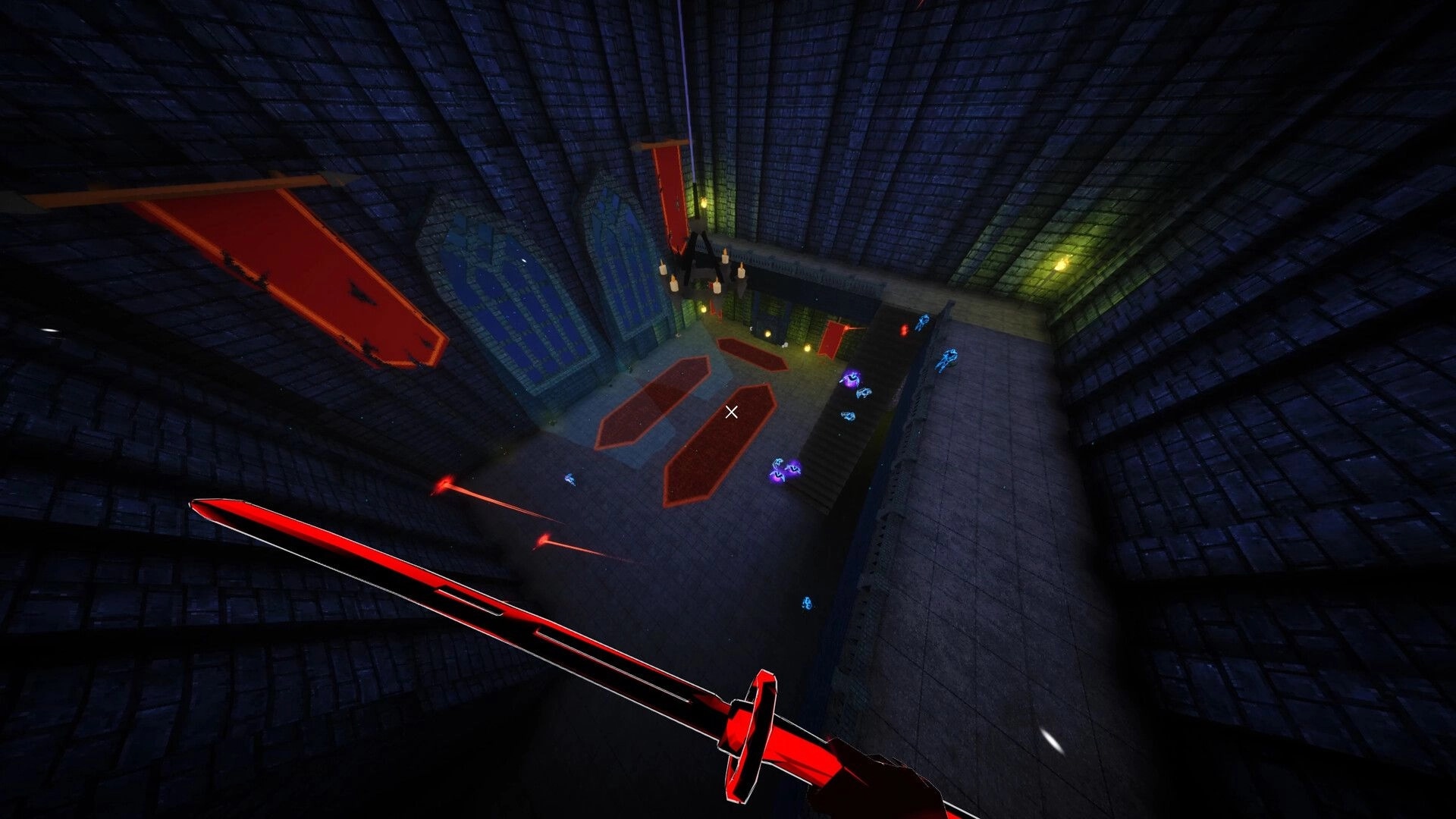 Dimenshot: First-person sword raised over coffin-lined hall with red banners and stairway enemies.