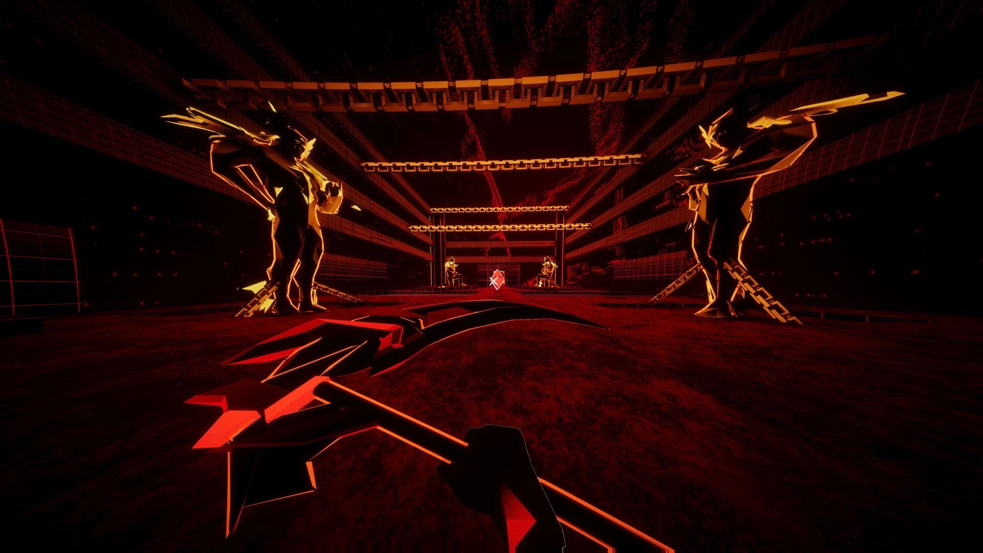 Dimenshot: First-person view aiming at glowing enemies in a red neon arena with hanging chains overhead.