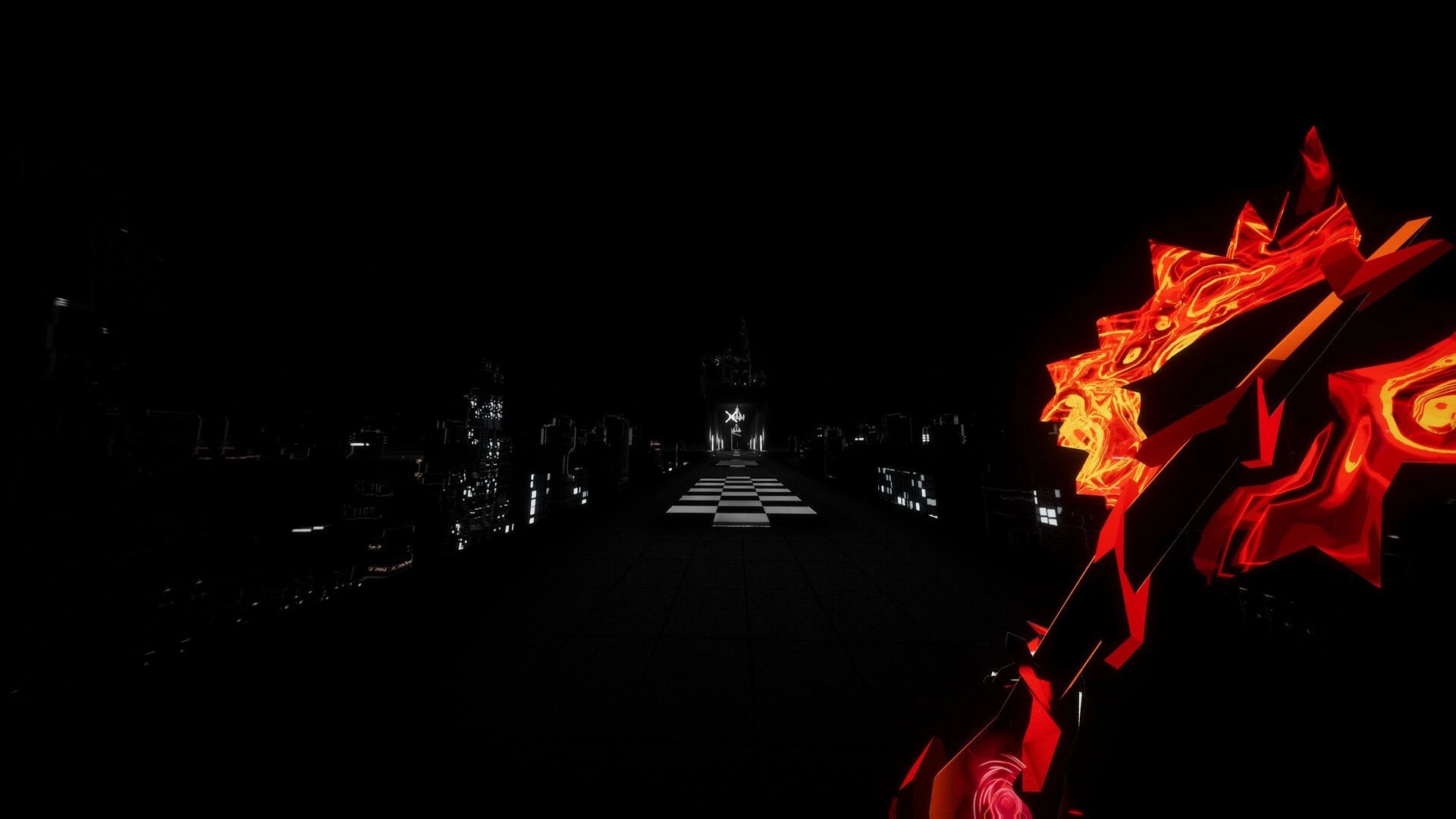 Dimenshot: Player holds a glowing red melee axe on a dark rooftop walkway toward a lit tower.