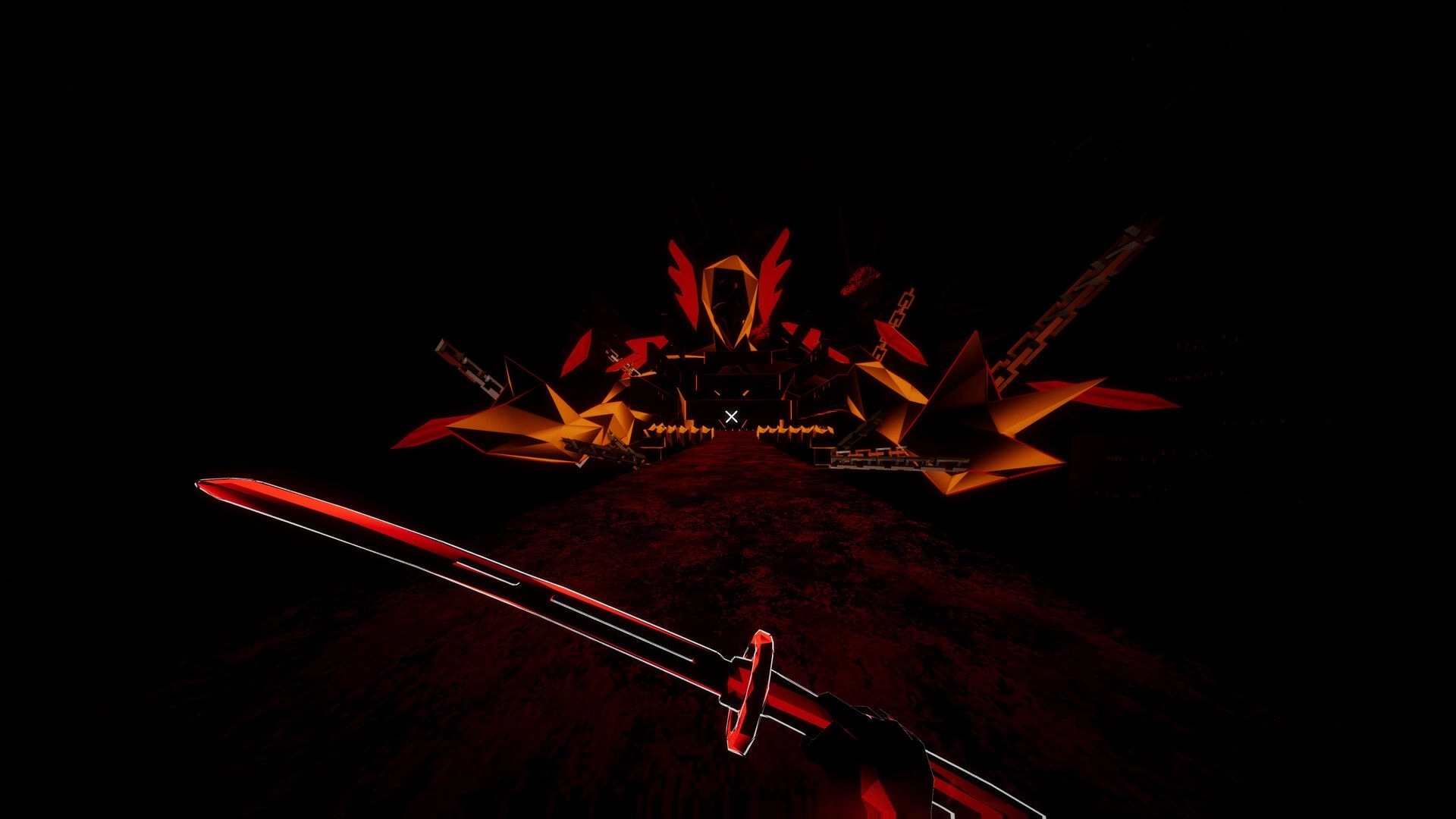 Dimenshot: First-person sword readied with crosshair aimed at a chained red altar in darkness.