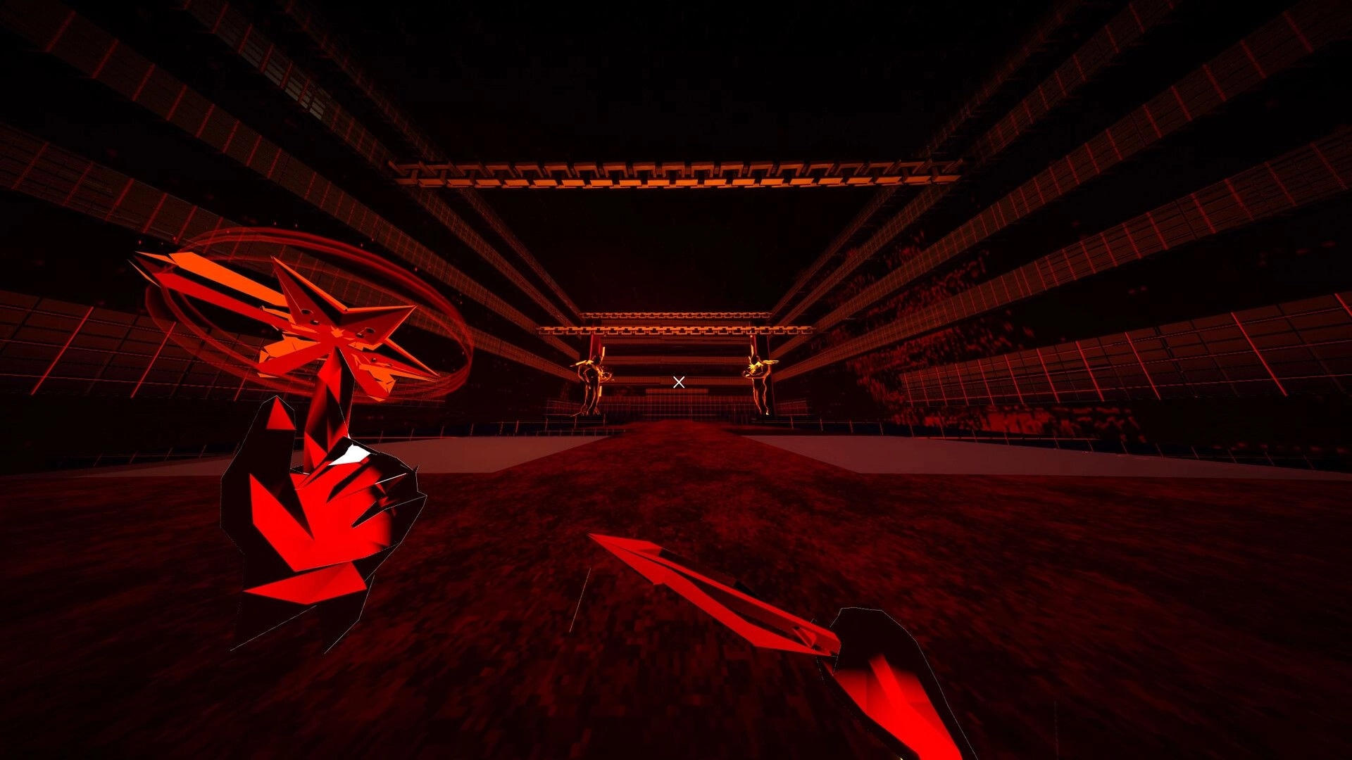 Dimenshot: Dual blades raised at two glowing enemies in a red neon grid arena with crosshair.