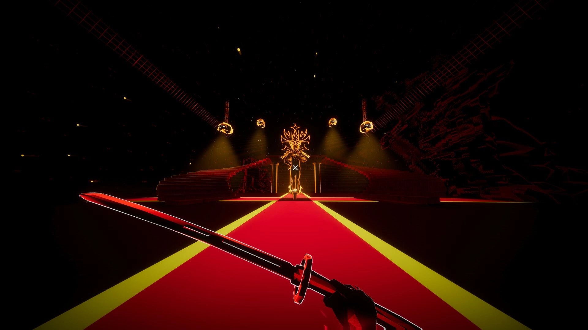 Dimenshot: Katana raised in first-person facing a glowing boss on a red runway in dark arena.