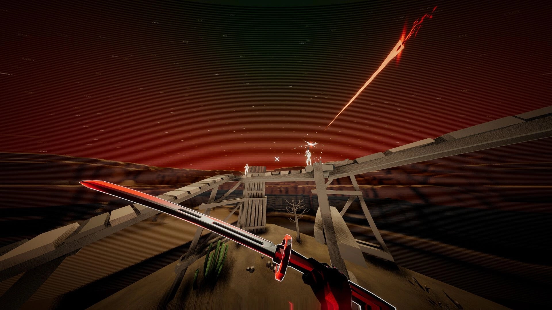 Dimenshot: First-person sword aimed at two enemies on a broken bridge under a red sky.