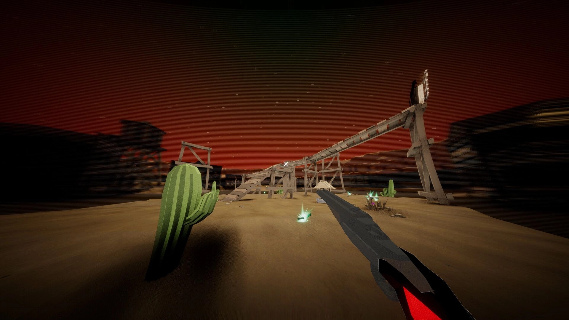 Dimenshot: First-person view aiming a shotgun at wooden ramps in a desert arena under red sky.
