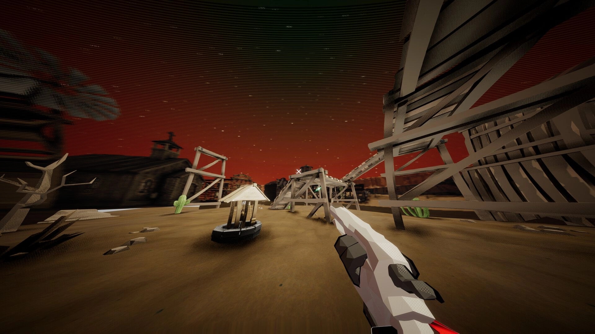 Dimenshot: First-person view aiming a pistol at wooden scaffolds in a sandy desert under red sky.