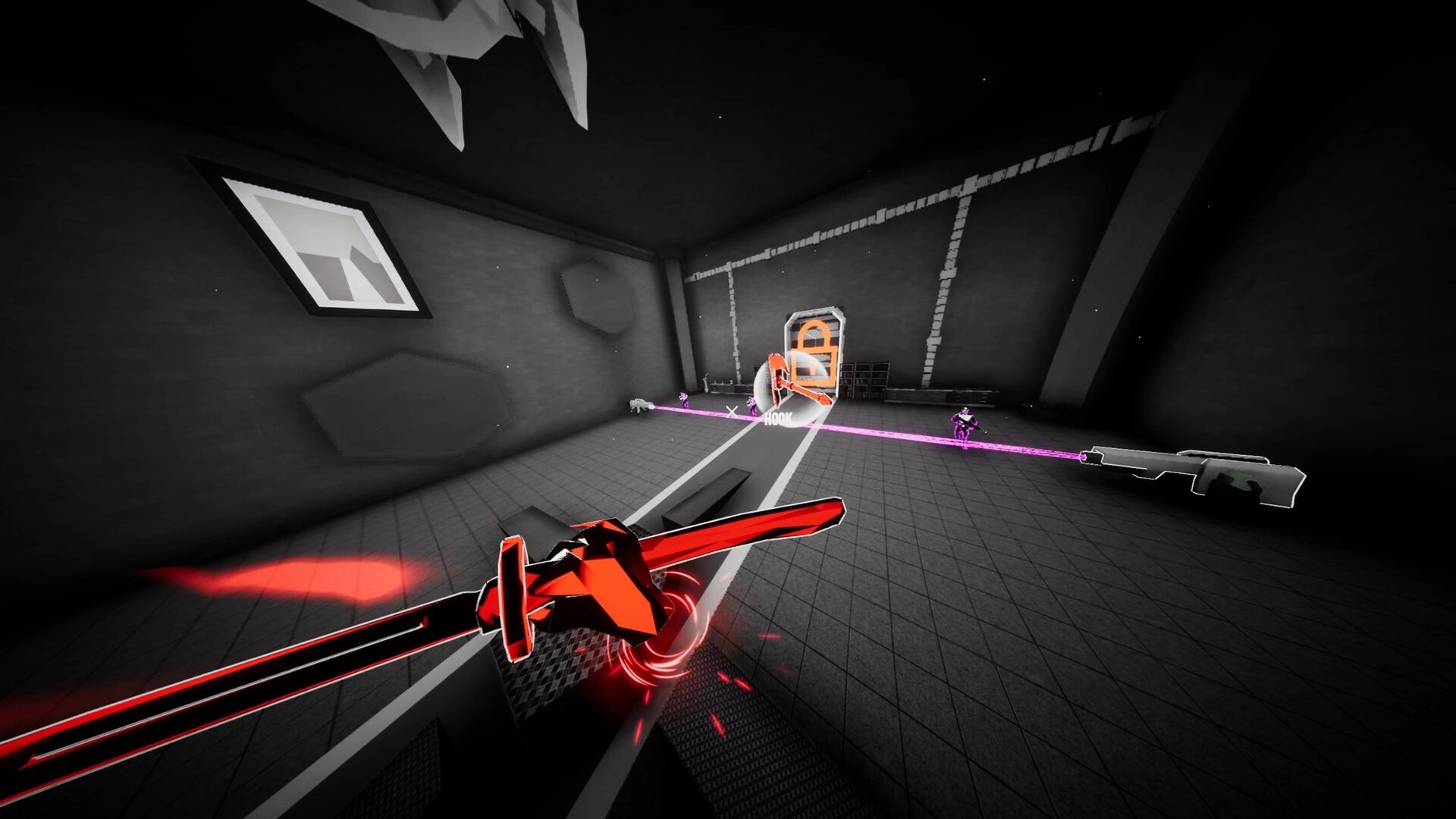 Dimenshot: First-person sword attack with hook prompt and purple enemies in a stark gray arena room.