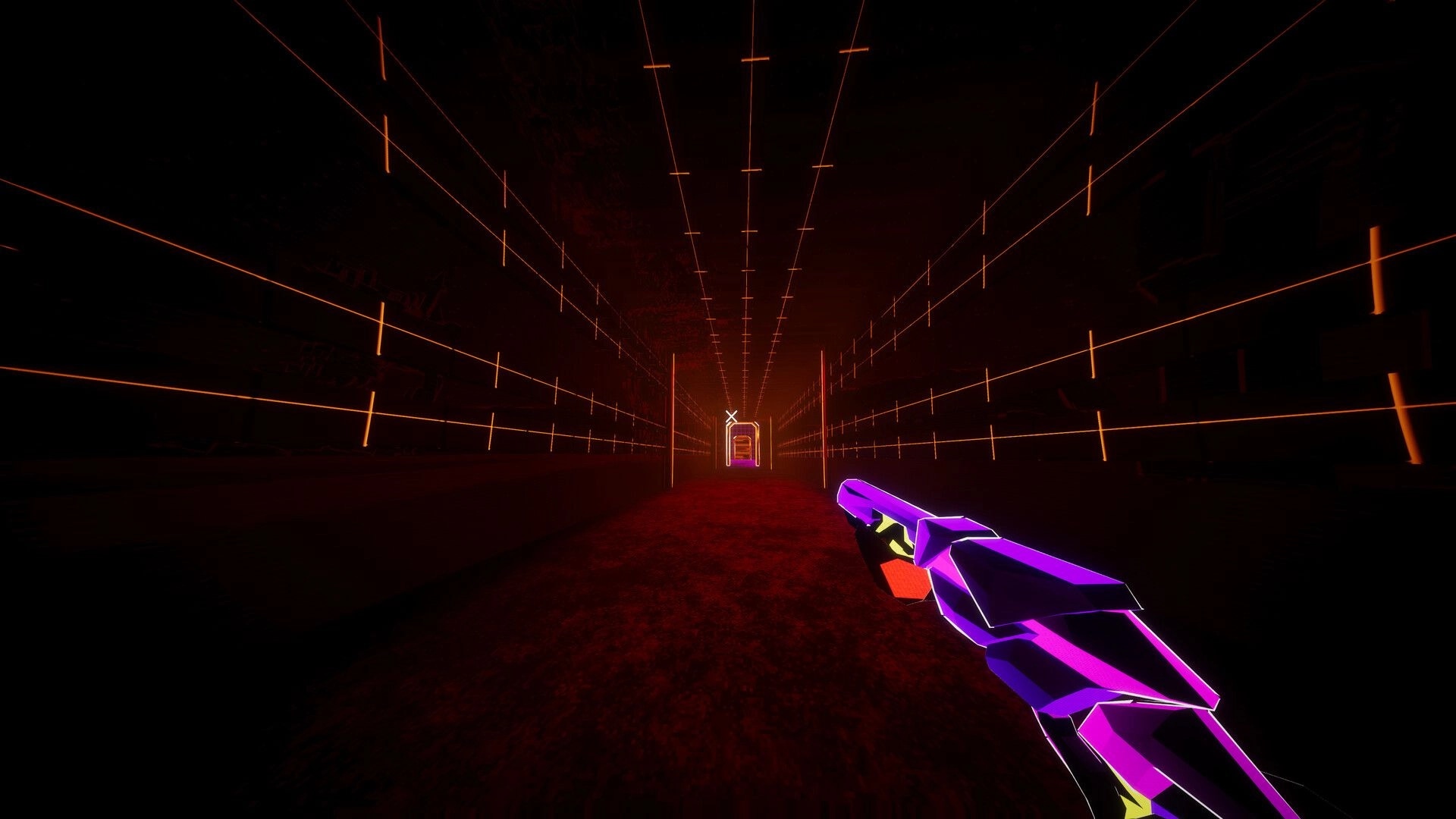 Dimenshot: First-person view aiming a neon purple weapon down a red tunnel lined with orange lights.
