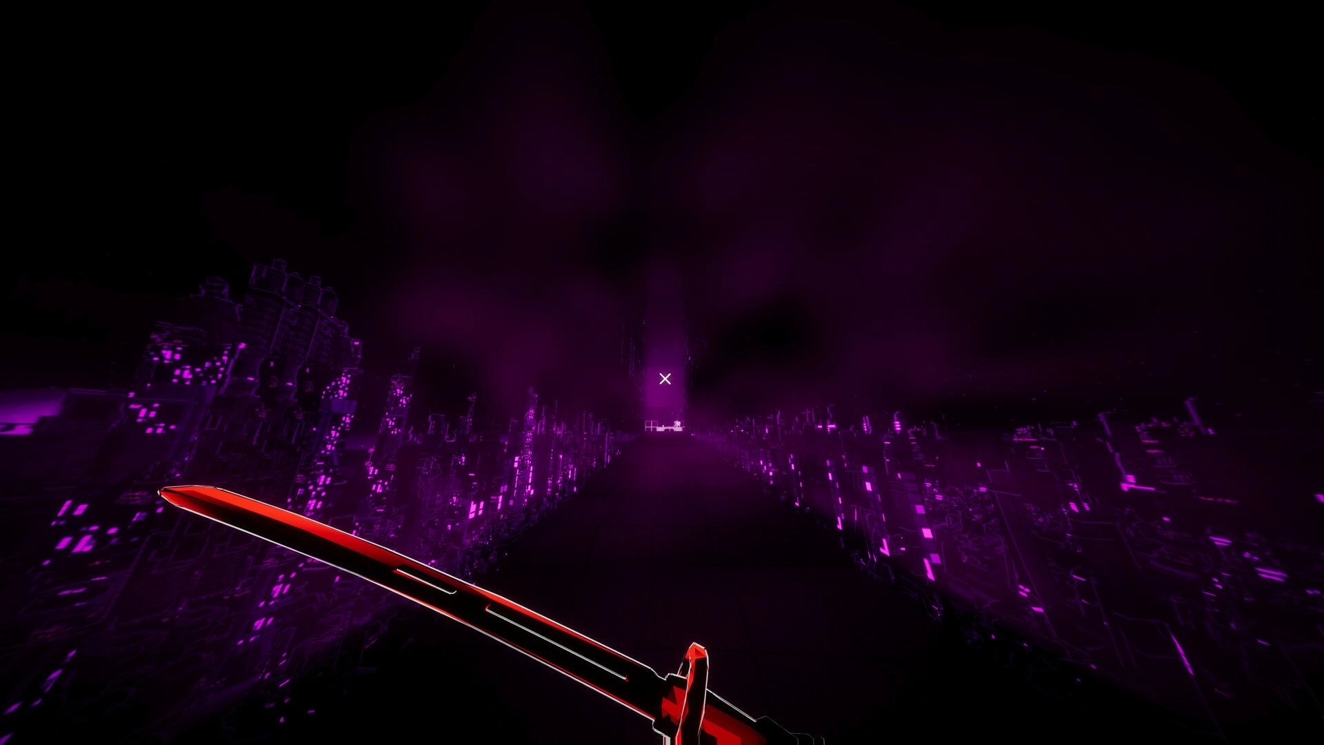 Dimenshot: First-person view holding a red sword, aiming at a glowing X in a neon purple void city.
