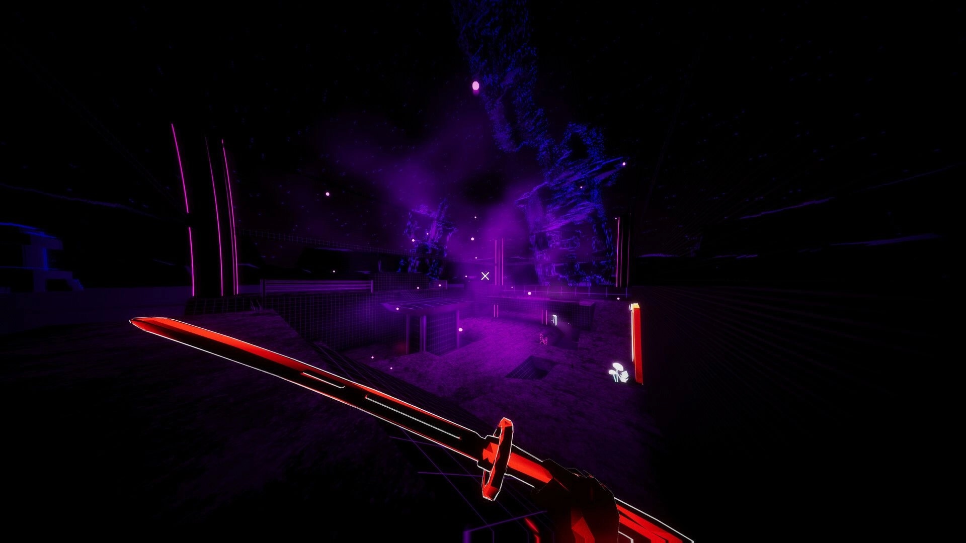 Dimenshot: First-person sword raised with crosshair aiming across a neon purple void arena platforming area.