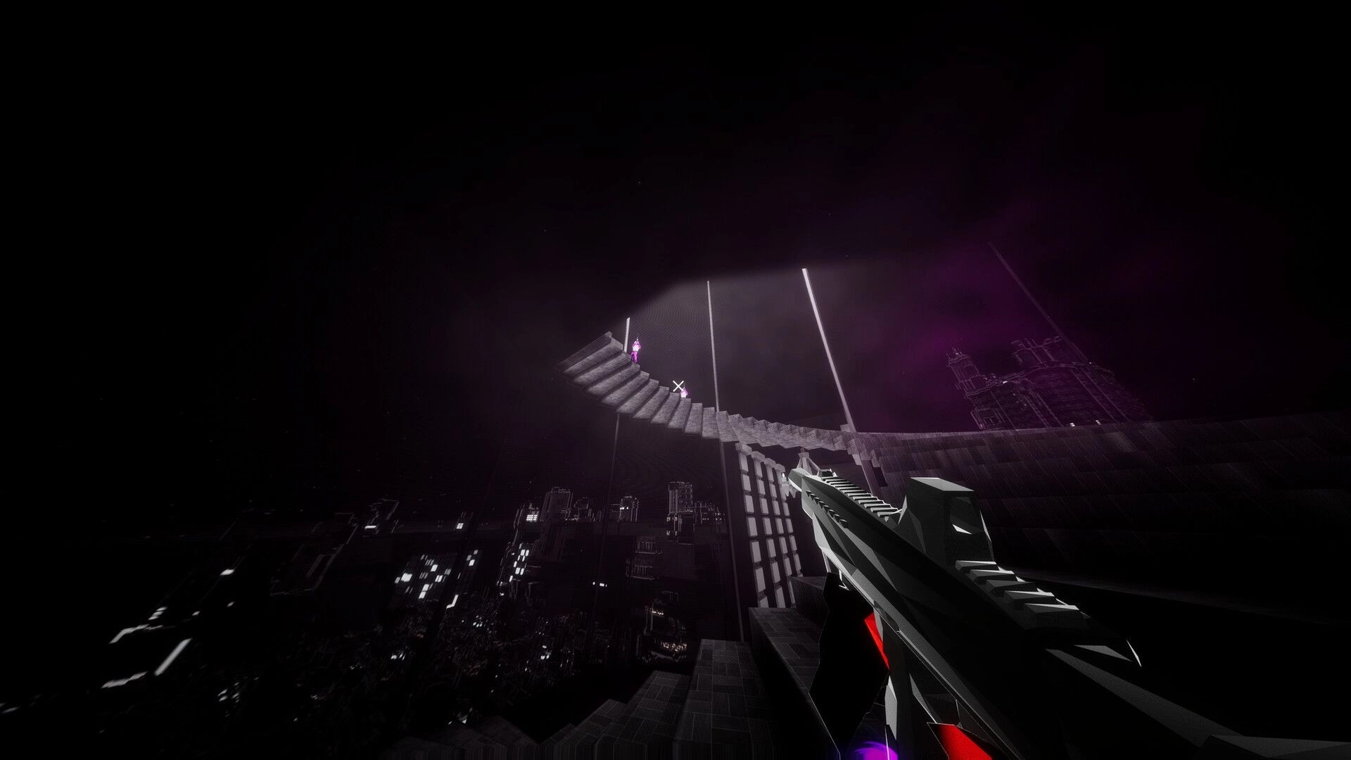 Dimenshot: First-person aiming up at enemies on a curved stairway in a dark neon city void.