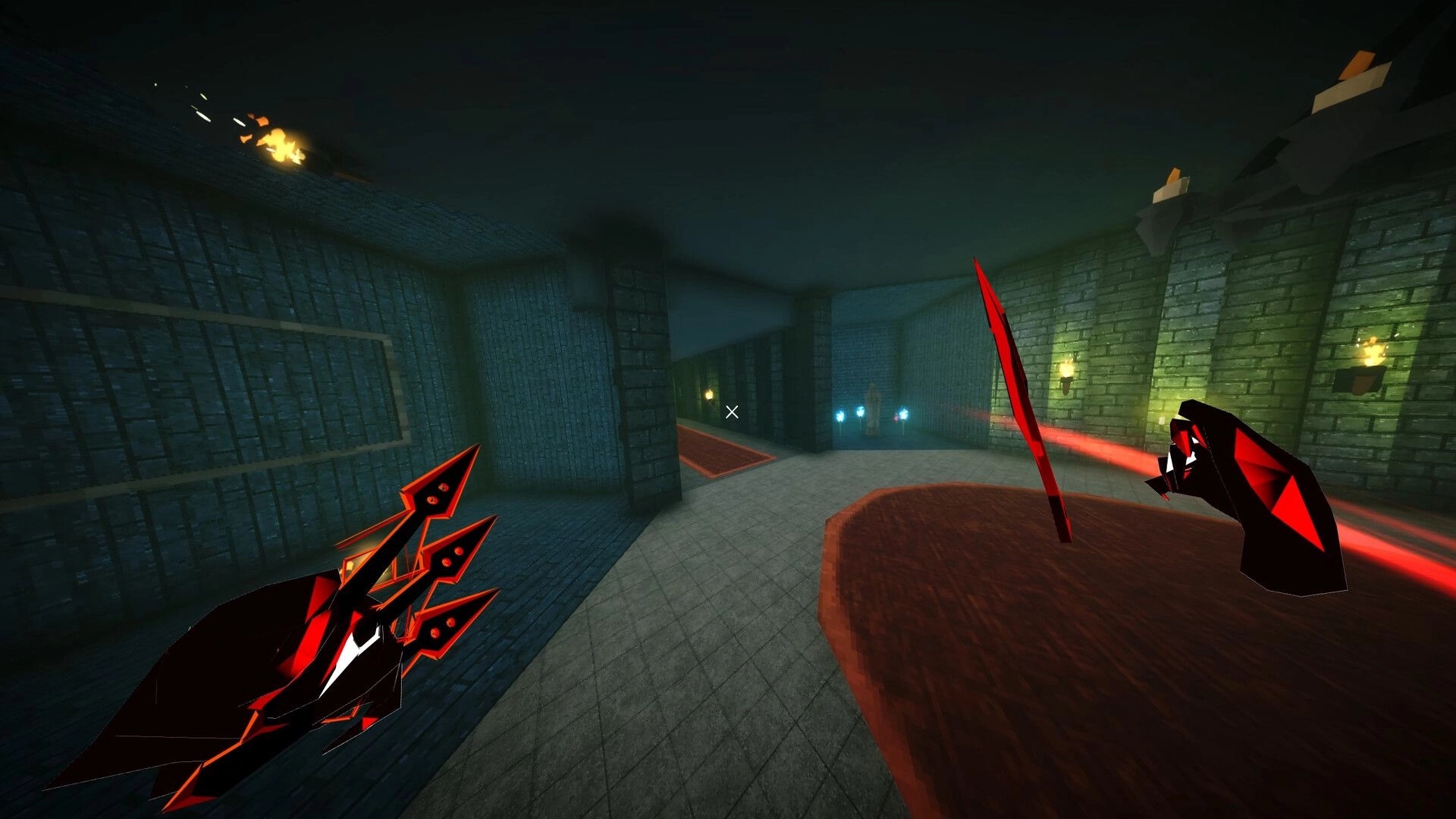 Dimenshot: First-person view wielding red energy blades in a torchlit stone corridor with crosshair.