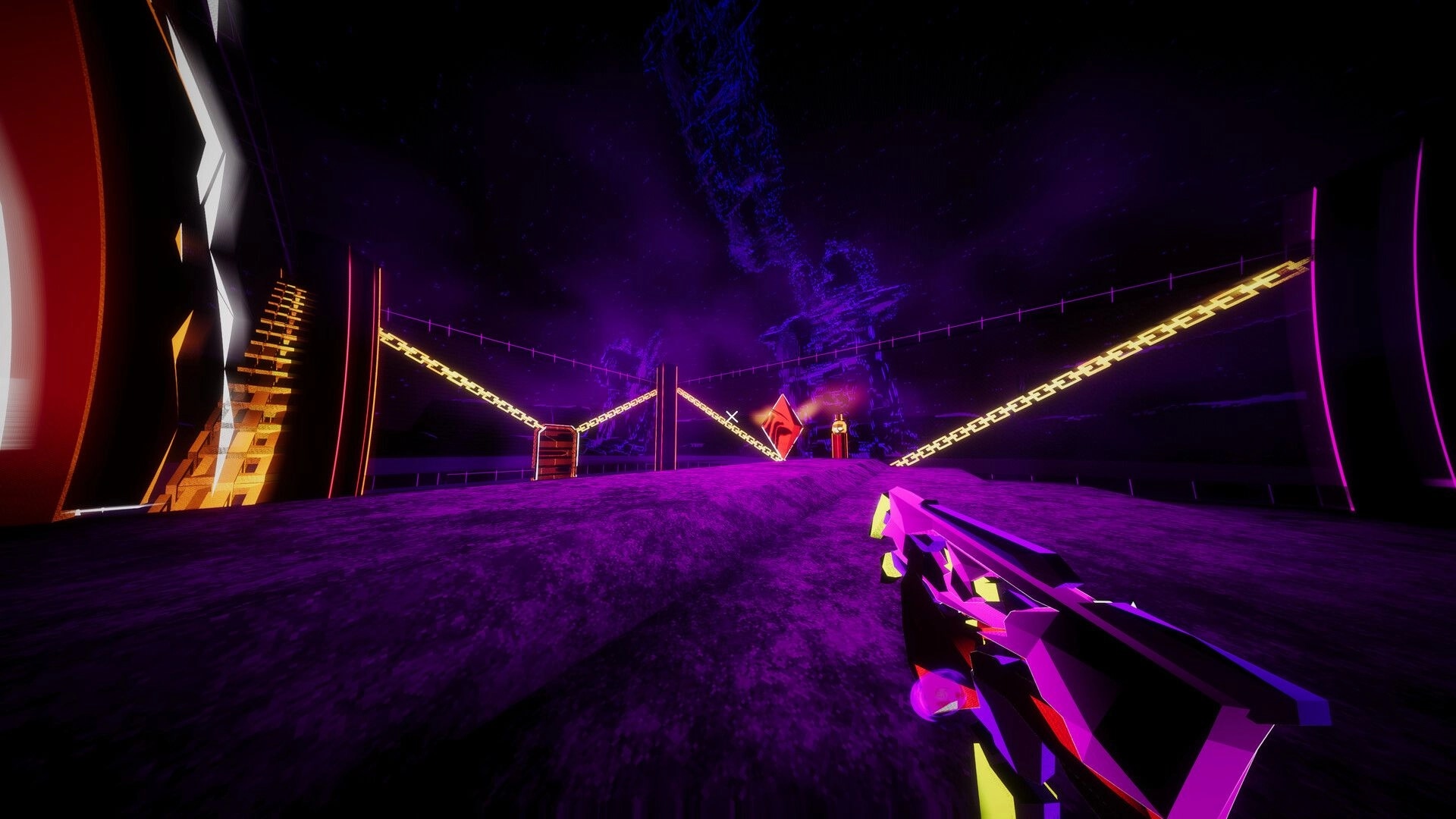 Dimenshot: Aiming a neon shotgun at a glowing red crystal on a purple void platform with chains.
