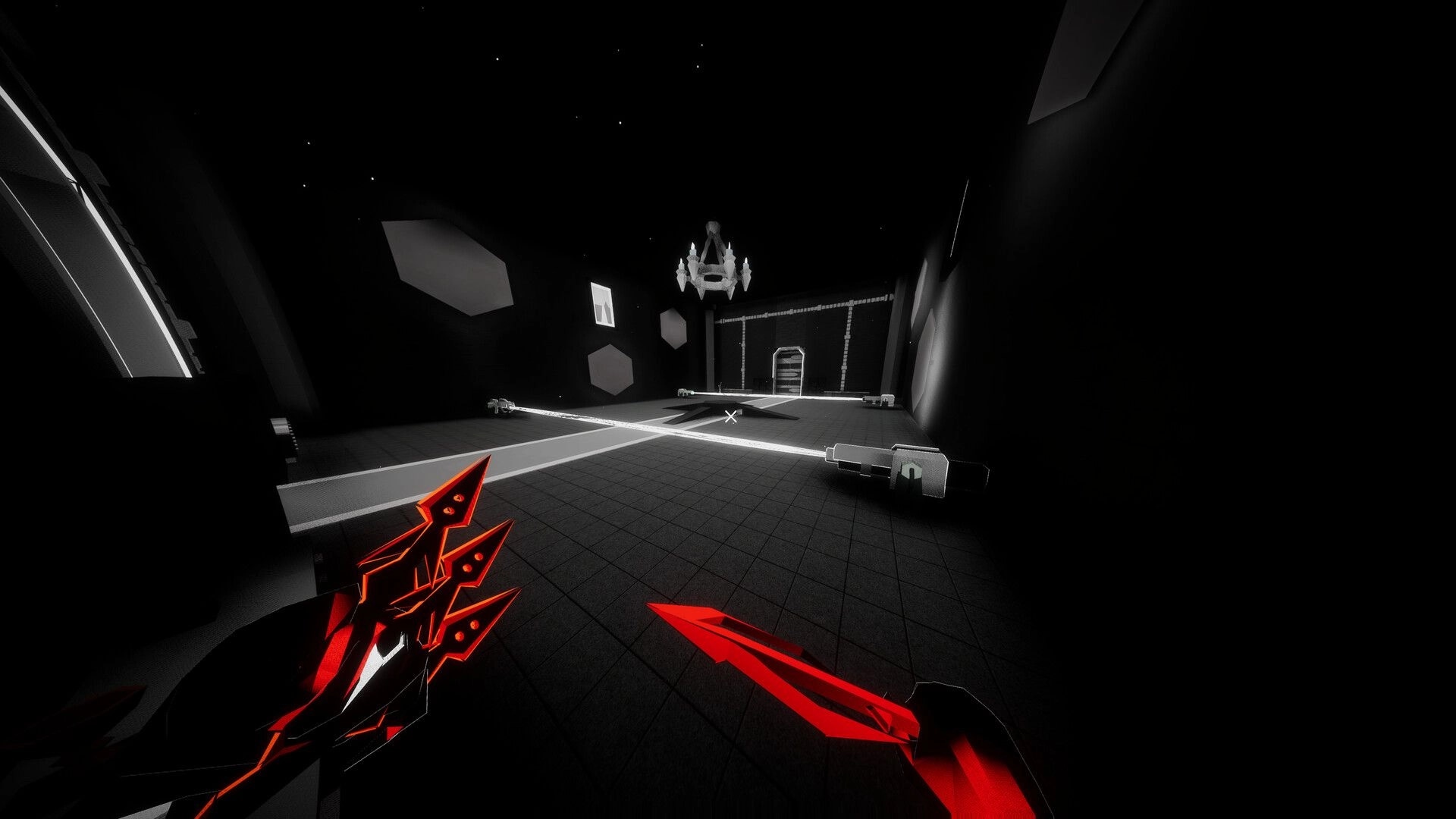 Dimenshot: First-person view with glowing red blade and crosshair in dark sci-fi arena room.