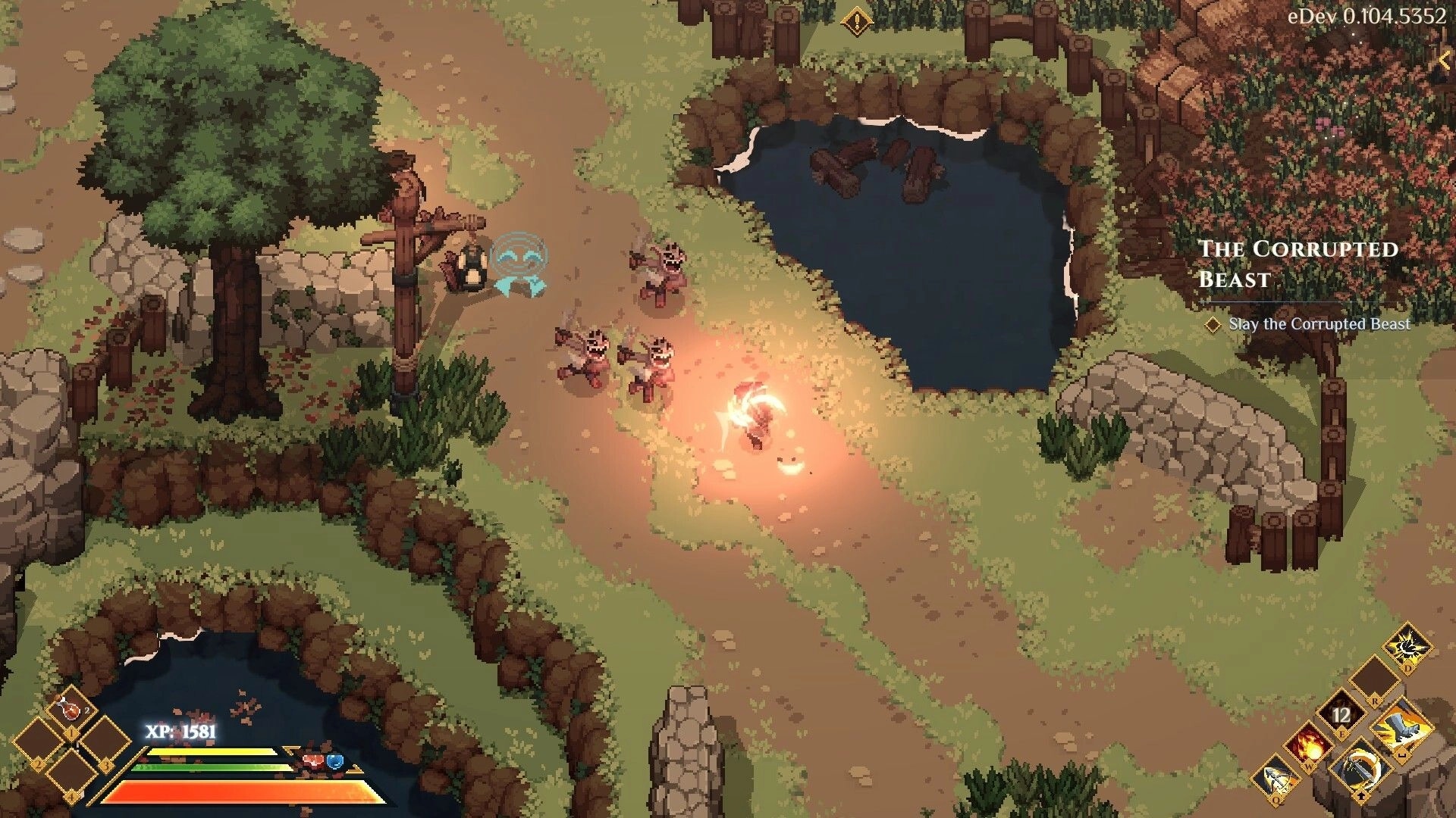 Dimraeth: Hero battles three goblins near a pond, with health and skill bars in a forested area.