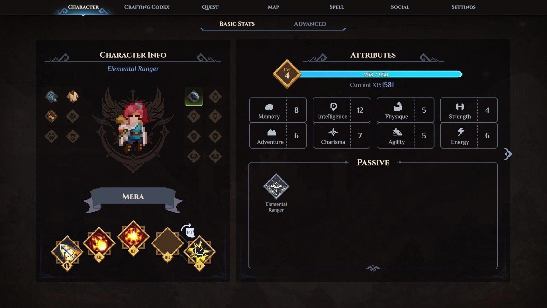 Dimraeth: Character info screen showing Mera's attributes and skills in Elemental Ranger class