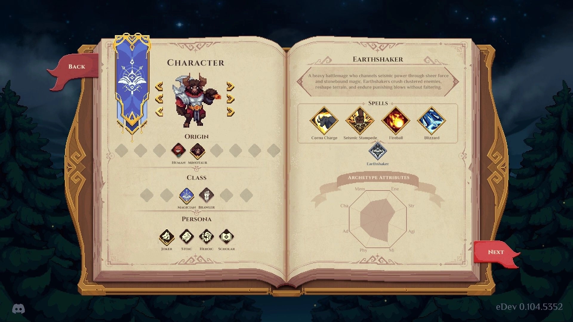 Dimraeth: Character creation screen displaying Minotaur Earthshaker with spells and attributes options.
