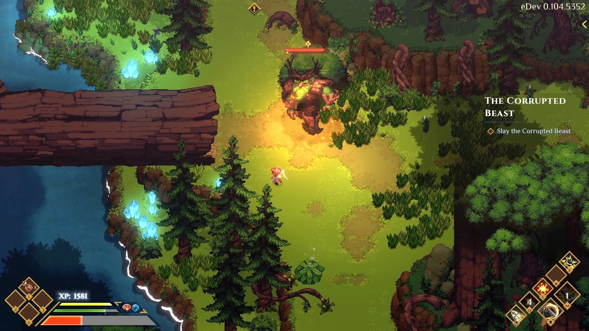 Dimraeth: Player battles the Corrupted Beast in a lush forest clearing with a wooden bridge nearby.
