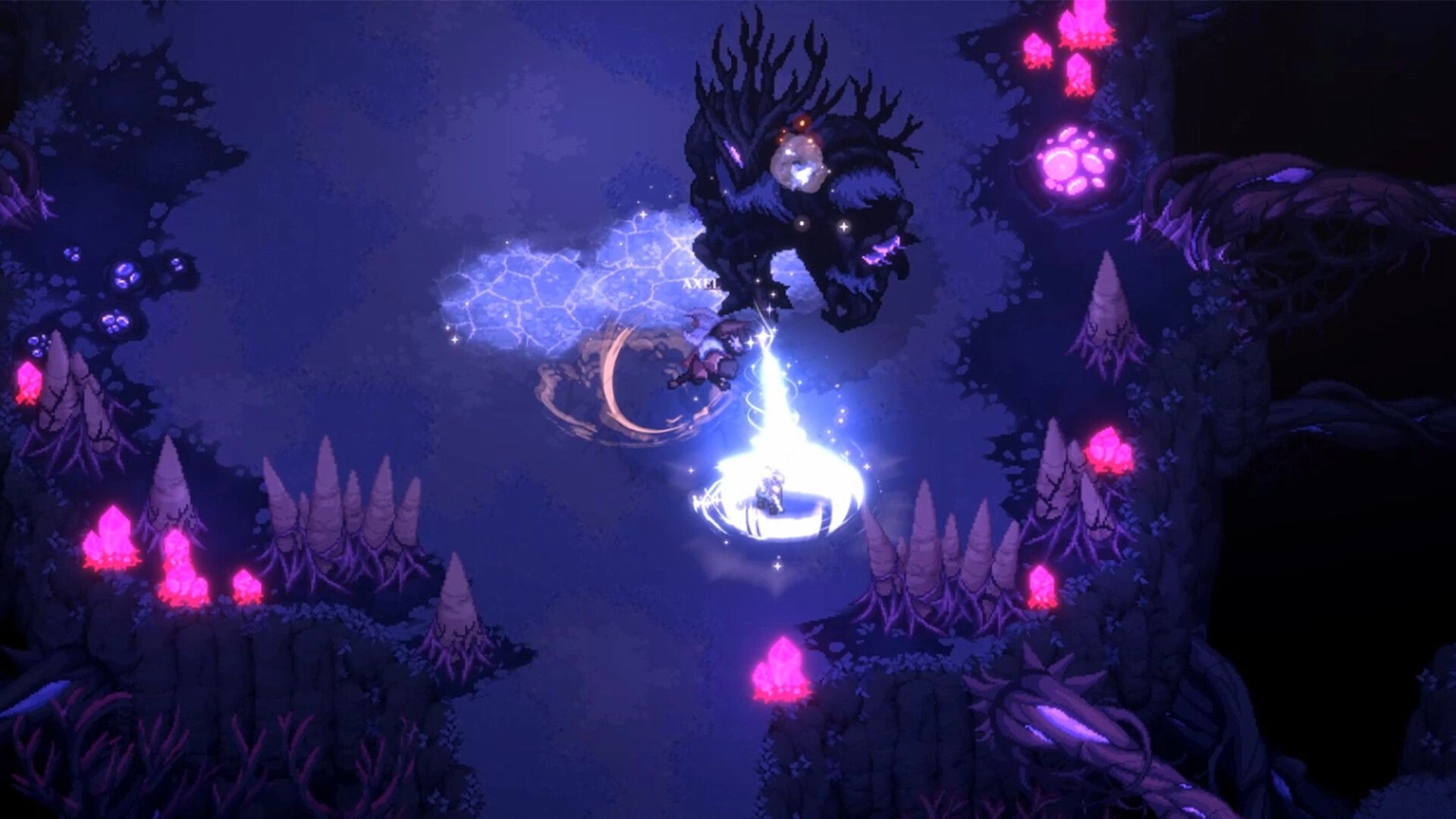 Dimraeth: Player casting spell against shadow creature in glowing crystal cavern environment