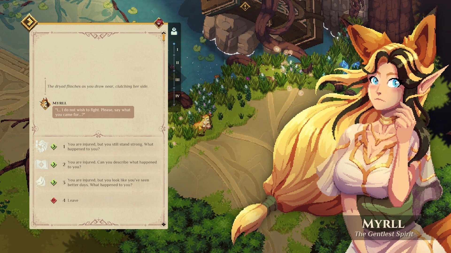 Dimraeth: Dialog with Myrll in a lush forest setting, multiple response options visible on the left.