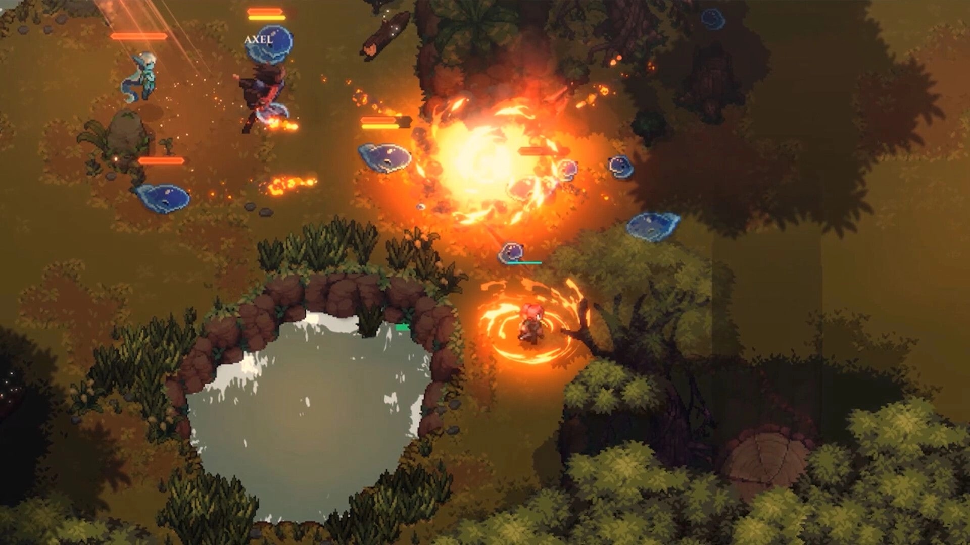 Dimraeth: Characters Axel and others battle blue slimes near a forest pond amidst fiery explosions.