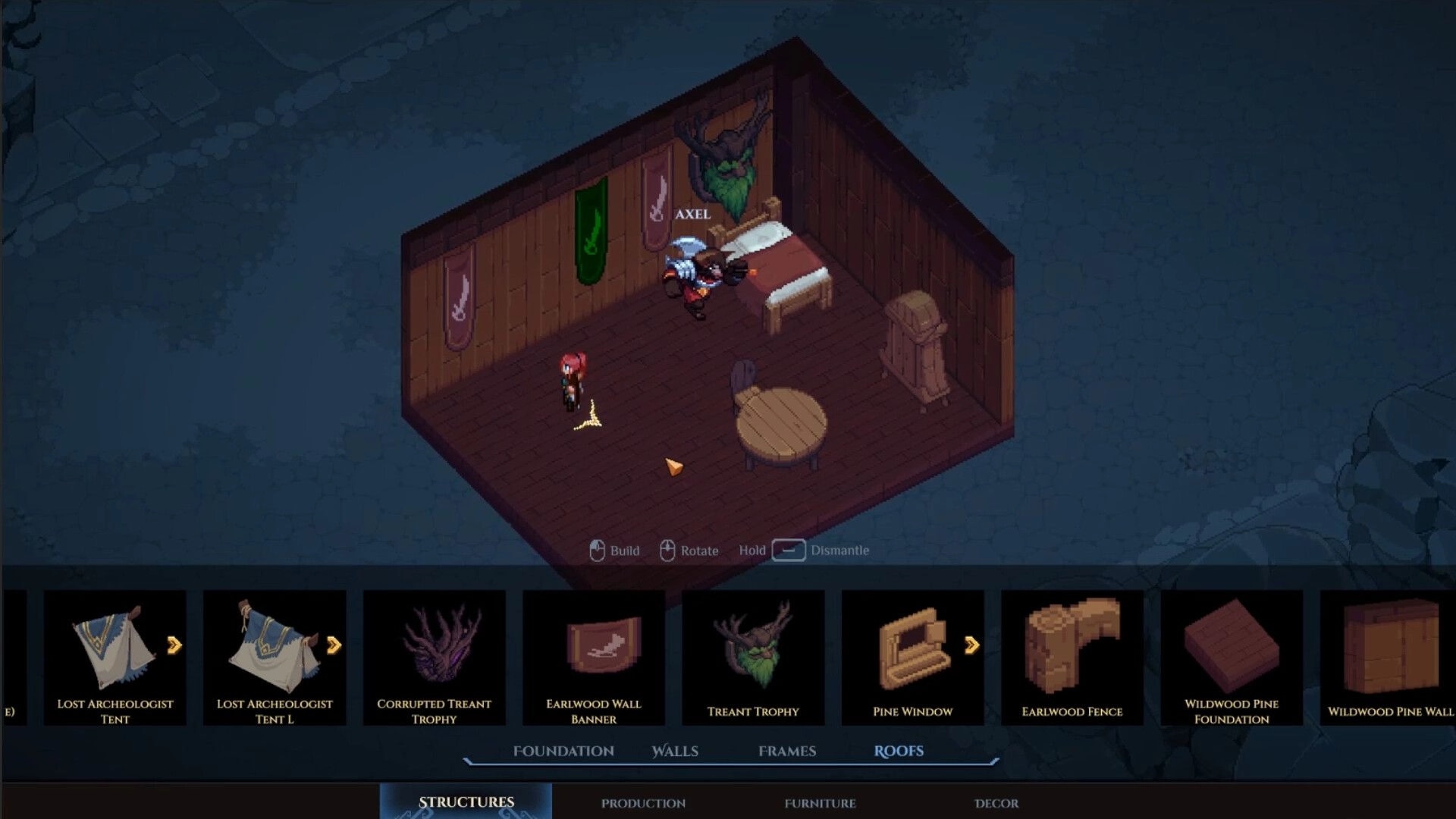 Dimraeth: Axel building a room with wood decor and banners in a pixelated interface at night.