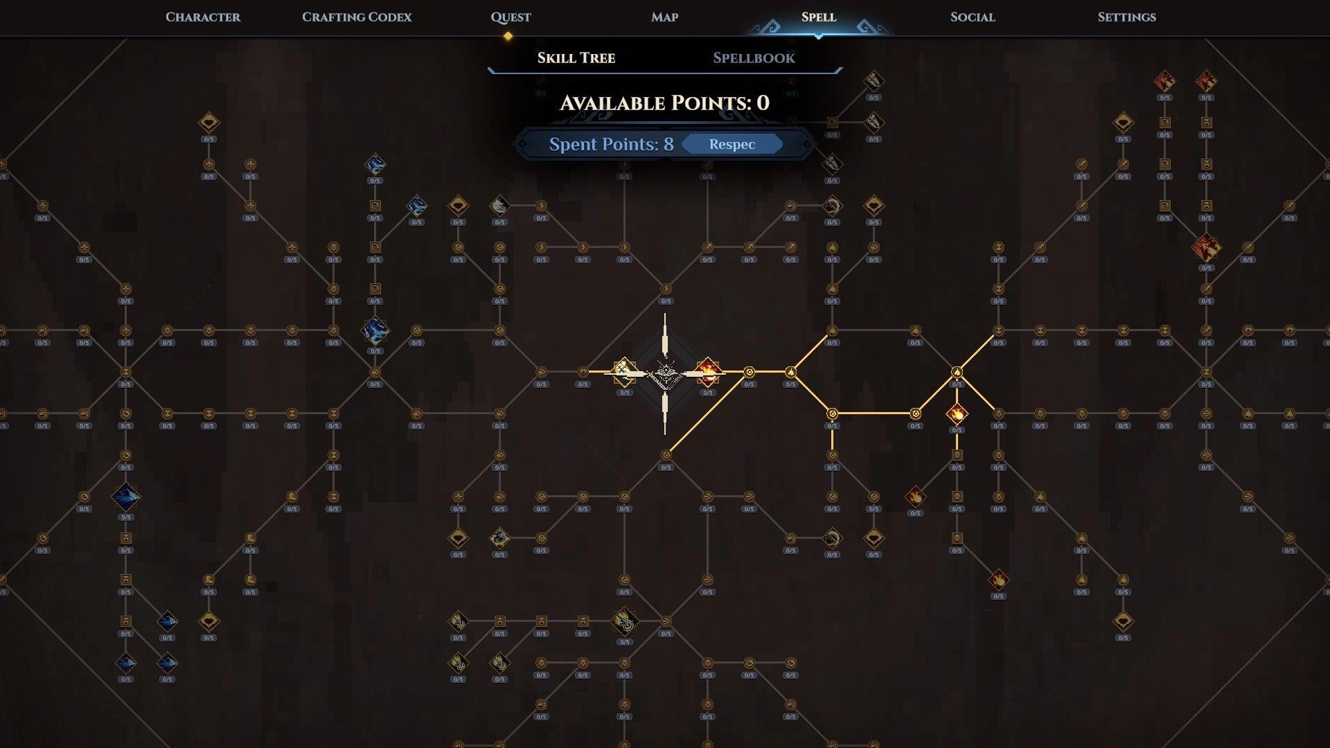 Dimraeth: Skill tree interface with available and spent points displayed in a dark-themed menu