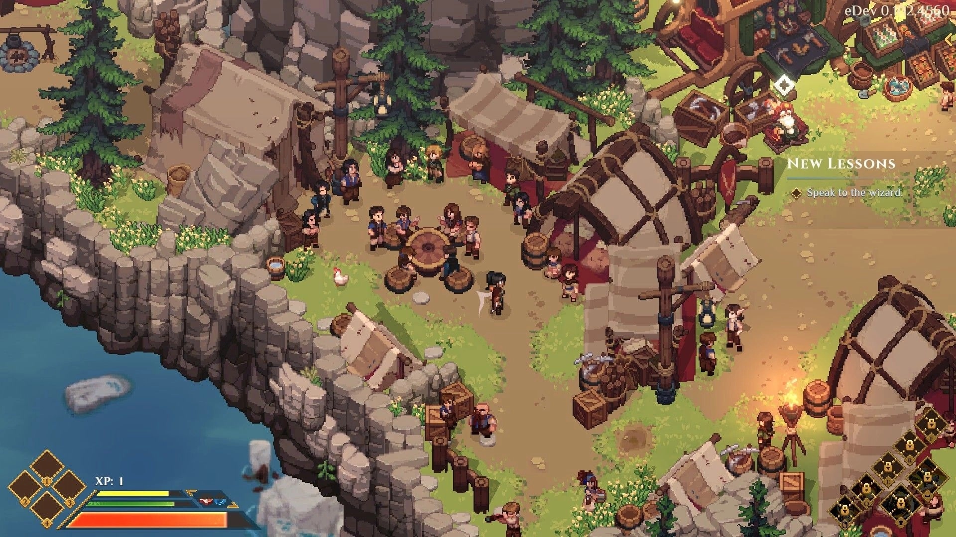 Dimraeth: Busy village market with characters interacting, tents, and quest prompt to speak to the wizard.