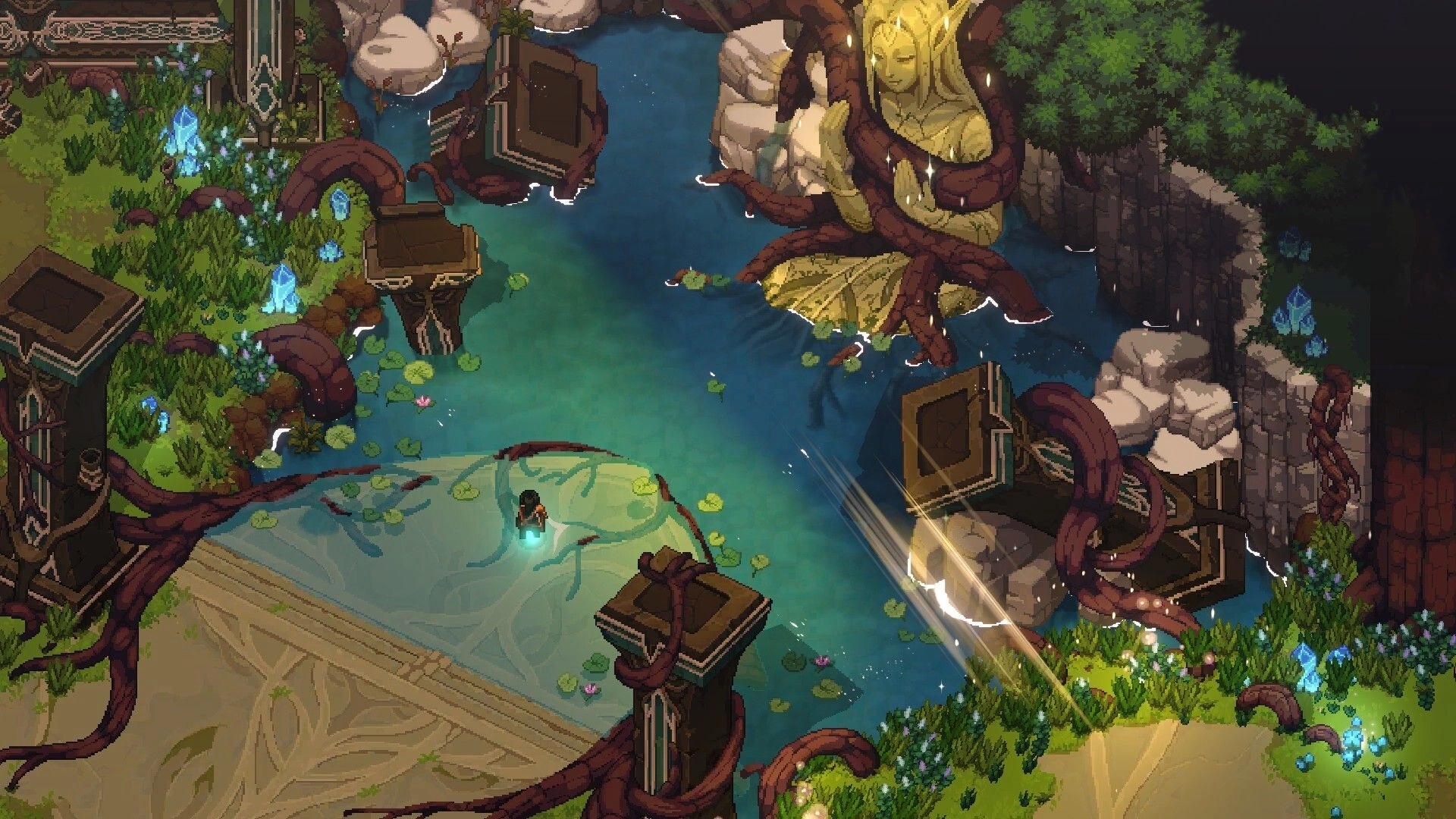 Dimraeth: Character exploring lush riverside with ancient statue and glowing crystals amidst ruins