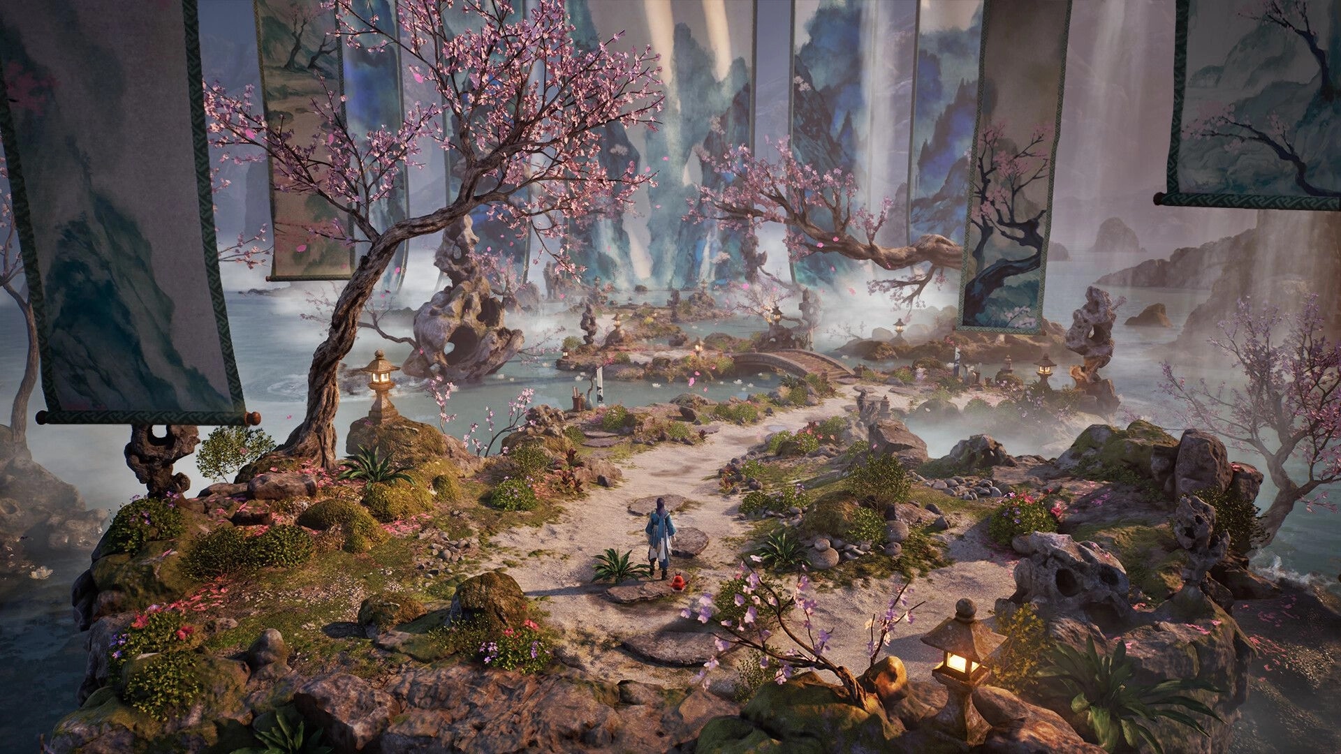 Dinghai: Player character on a garden path with cherry blossoms, stone bridge, misty mountains ahead.