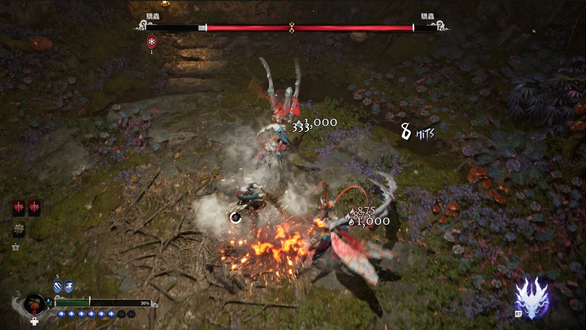 Dinghai: Player lands an 8-hit combo on insect foes in a forest path, damage numbers and boss bar visible.
