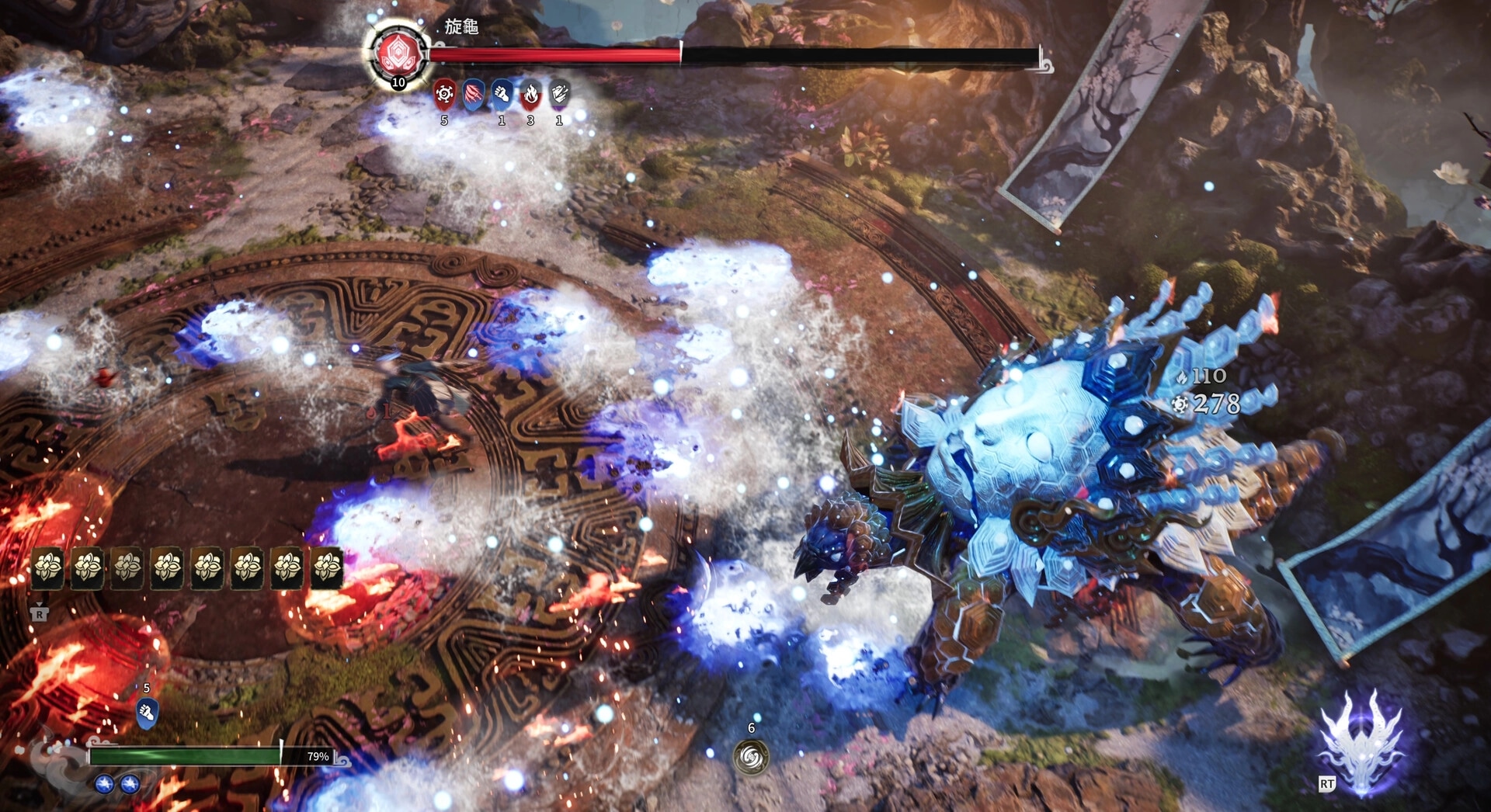 Dinghai: Boss fight with an icy turtle beast on a rune circle arena, health bar and skill icons visible.