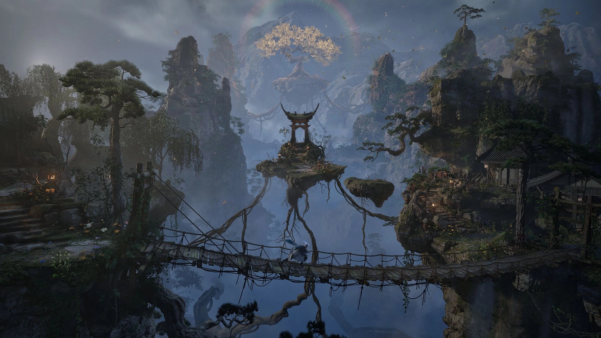 Dinghai: Hero crossing a rope bridge toward a cliffside shrine amid misty mountains and floating isles.