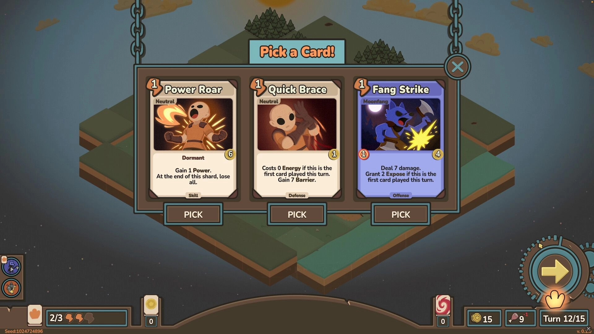 Dino Citadel: Card selection screen with options Power Roar, Quick Brace, and Fang Strike in floating land.