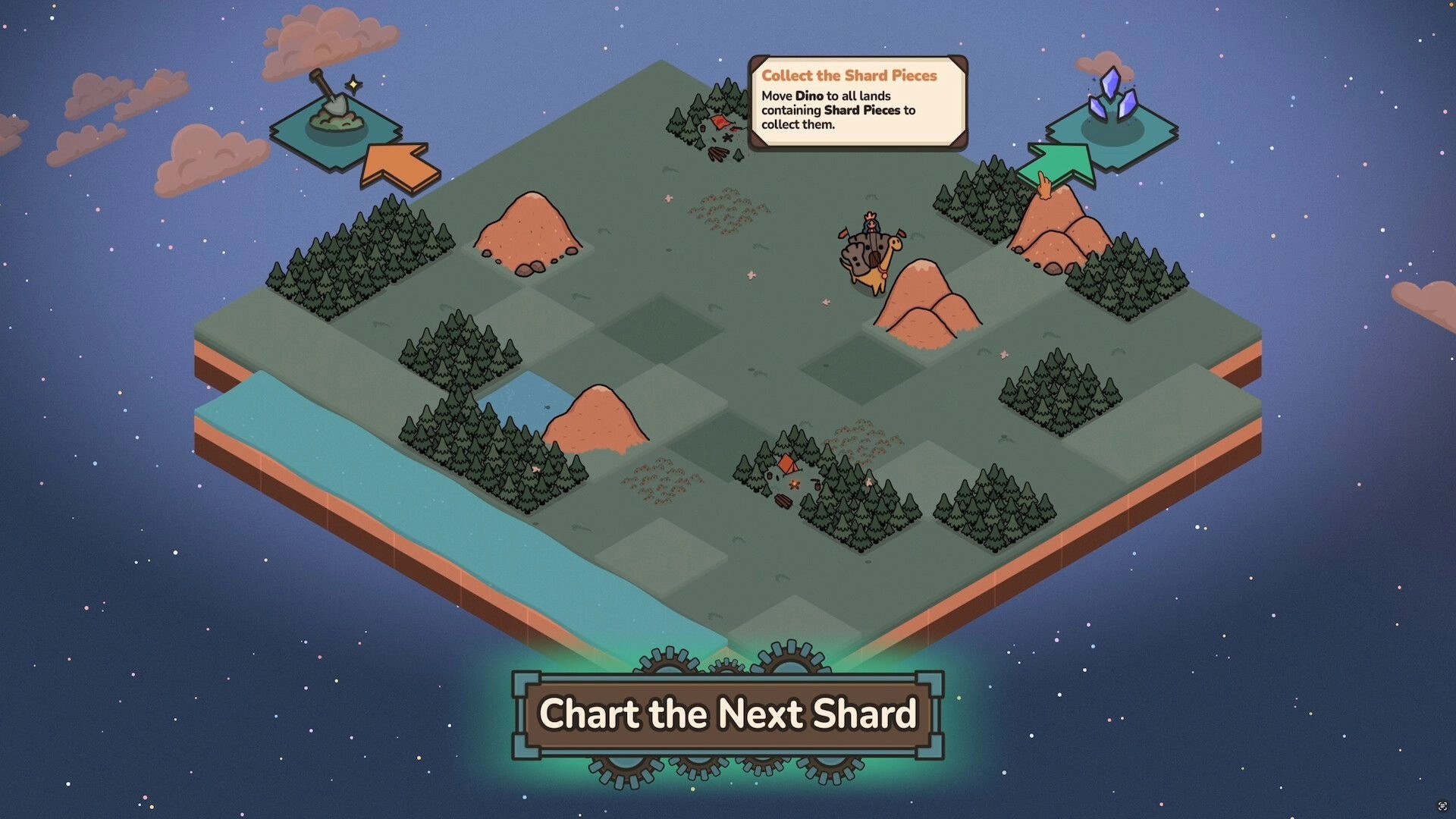 Dino Citadel: Guide dino across grid map collecting shard pieces in a starry sky environment.