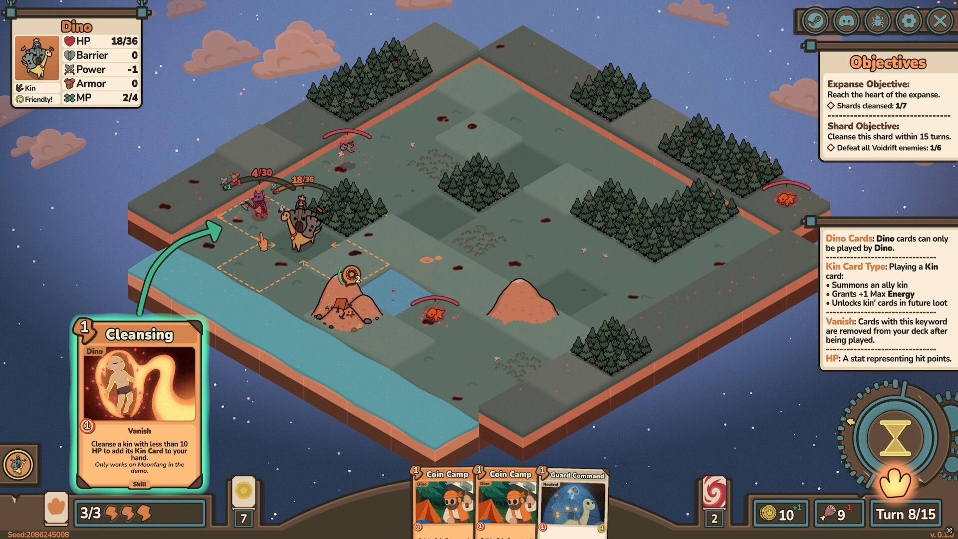 Dino Citadel: Map overview with Dino character, health stats, and Cleansing card in tactical interface.