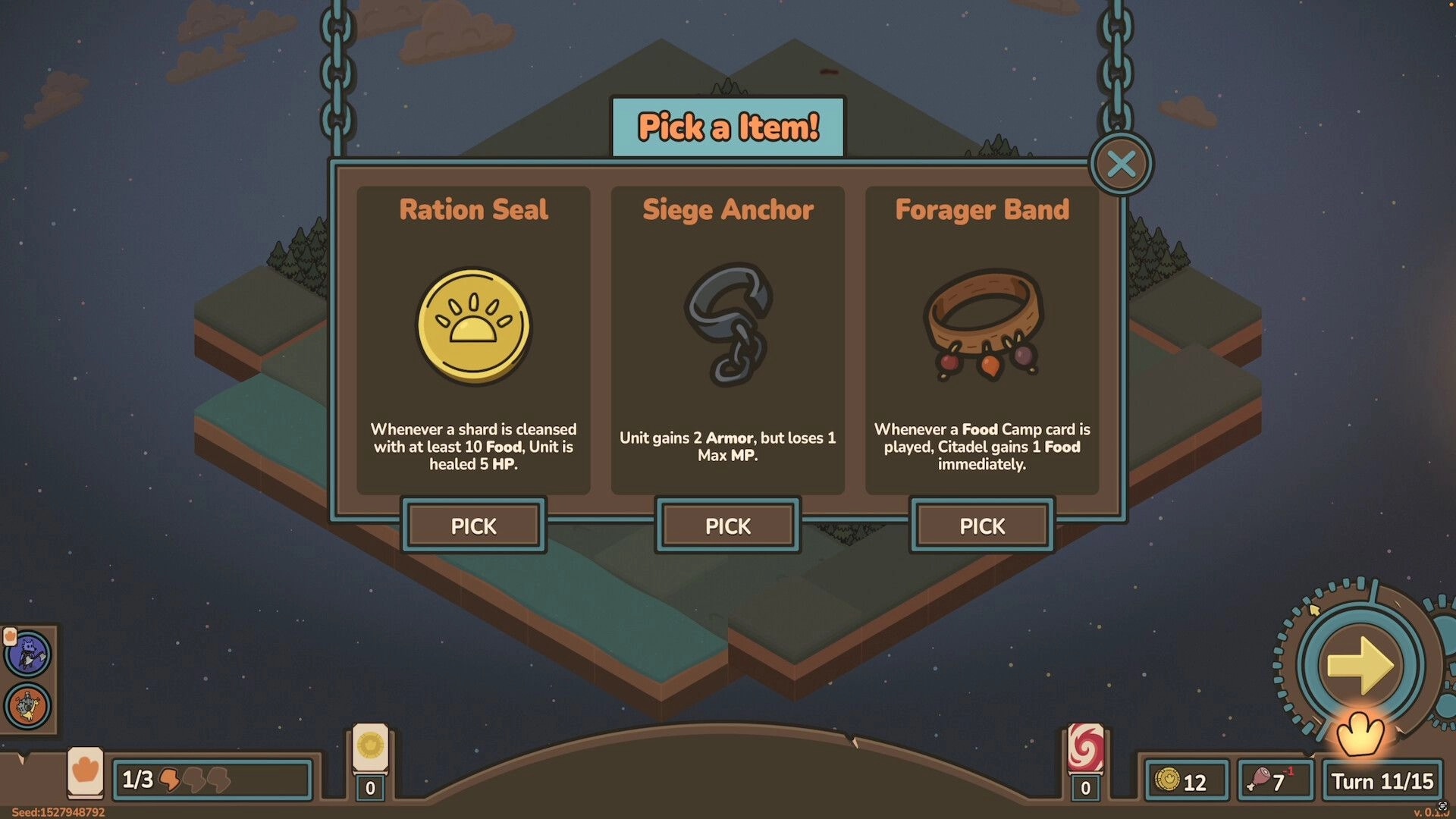 Dino Citadel: Item selection screen with options for Ration Seal, Siege Anchor, and Forager Band.