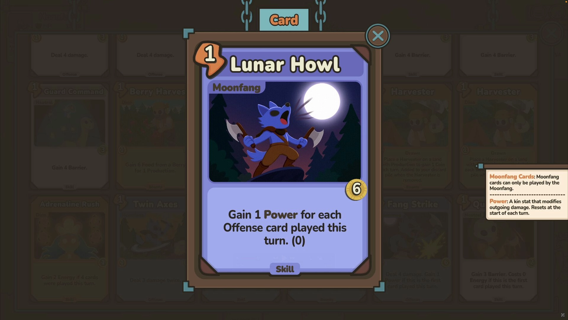 Dino Citadel: Moonfang card details with Lunar Howl skill in deckbuilding menu interface