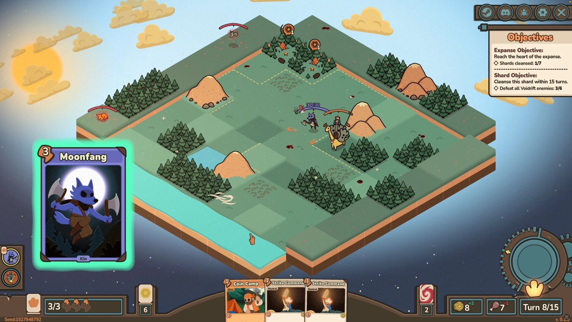 Dino Citadel: Tactical map view with objectives and Moonfang card, highlighting player’s dino-led battle.