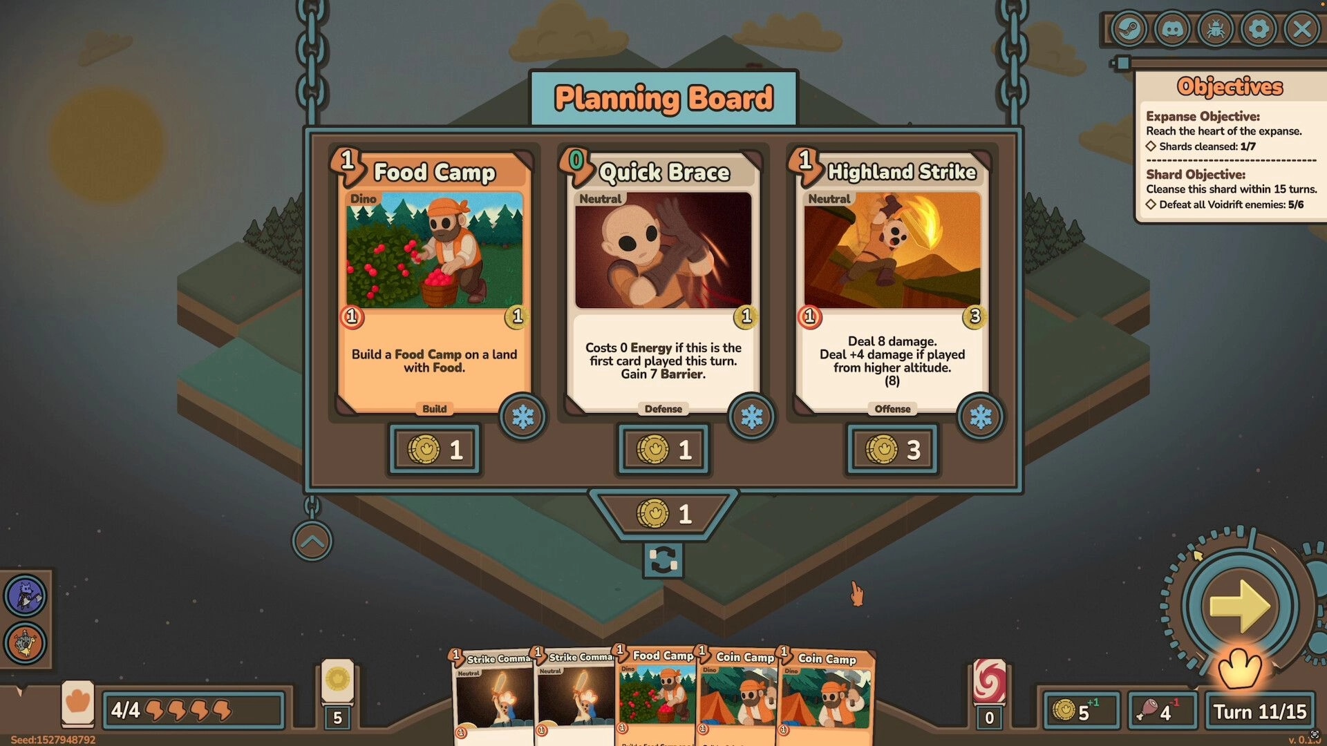 Dino Citadel: Planning Board with cards like Food Camp and Quick Brace, objectives listed on the side