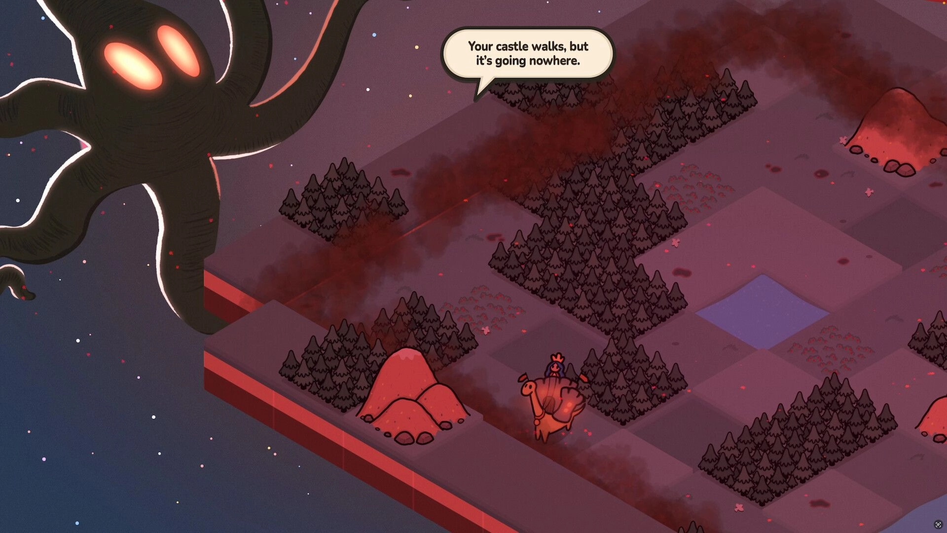 Dino Citadel: Tentacled creature looms over a grid of dark forests with a rider on a dinosaur below.
