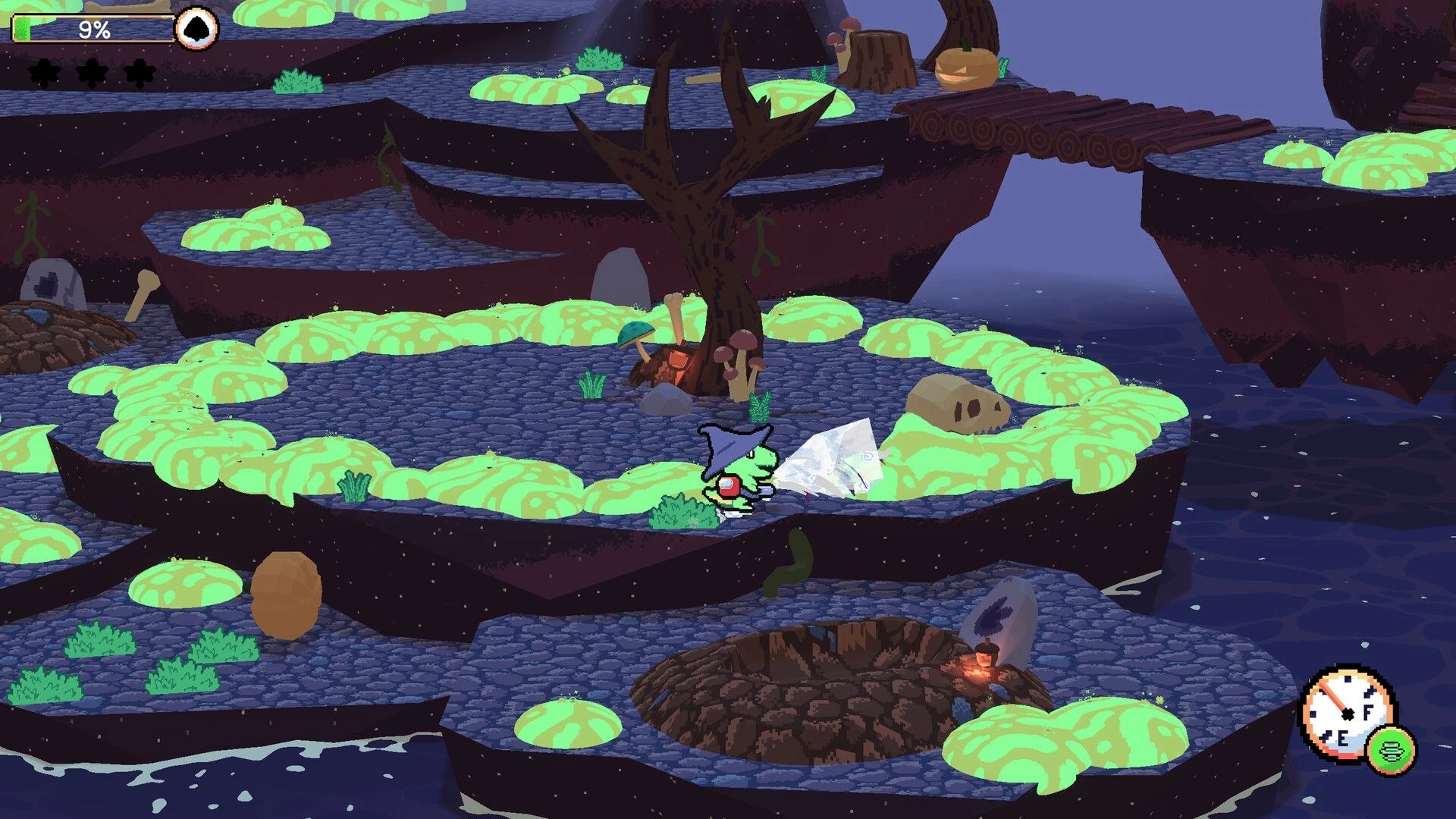 Dino Cleanup: Dino uses vacuum on toxic slime on tiered rocky islands, 9% meter and compass UI.