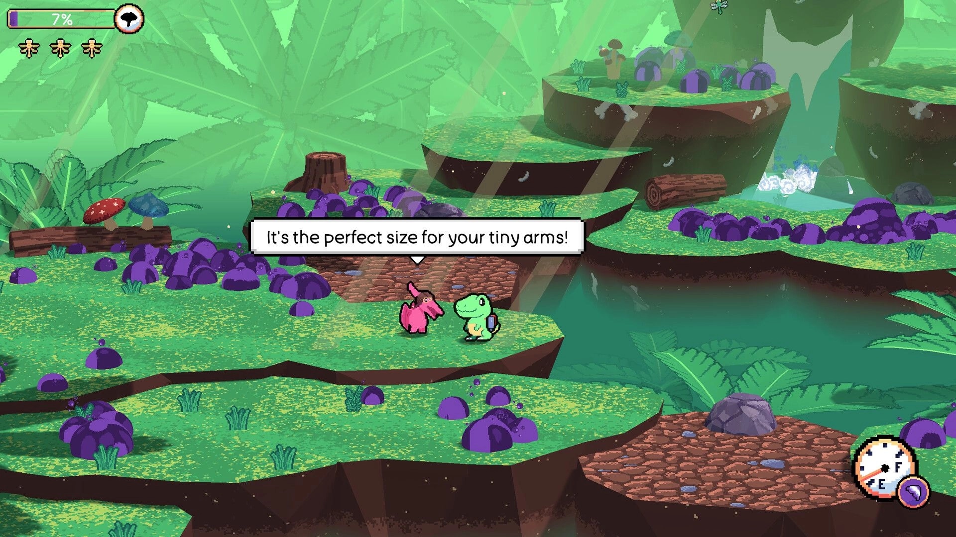 Dino Cleanup: Green dino talks to pink dino in goop-strewn forest, 7% meter and key UI visible.