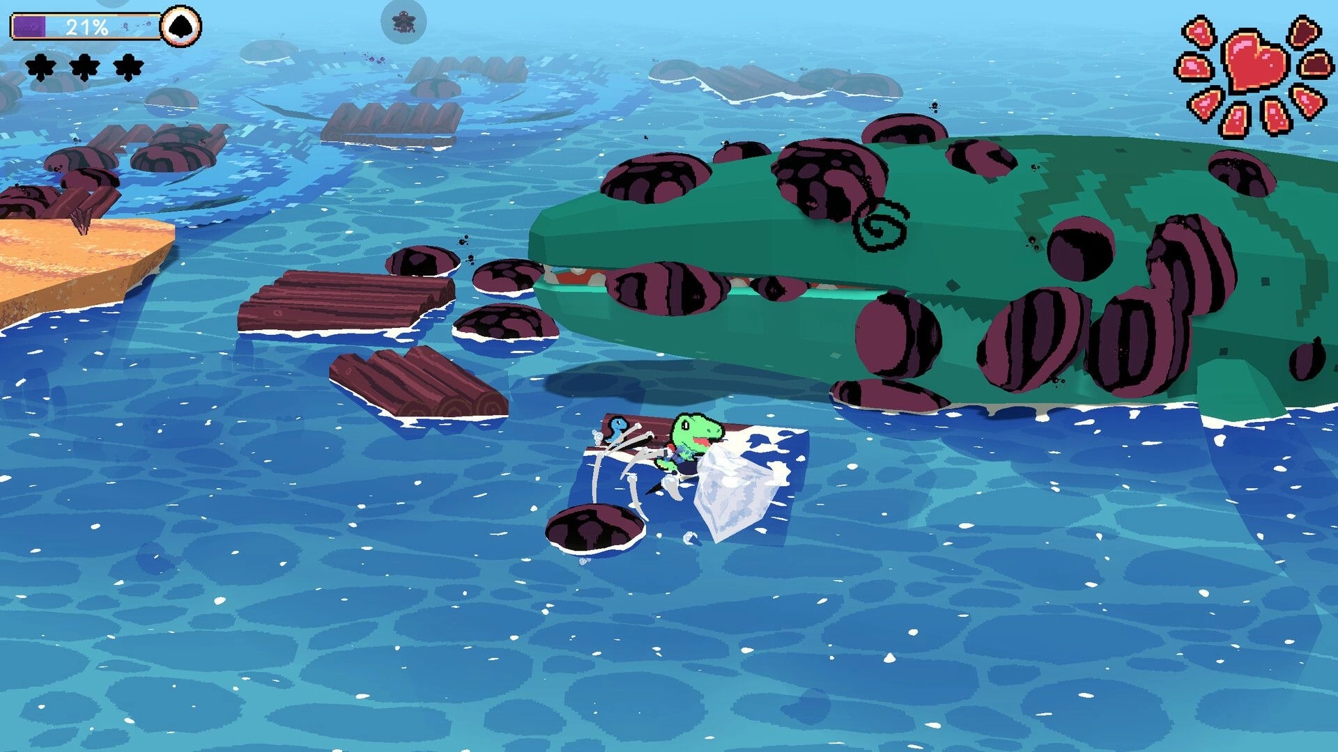 Dino Cleanup: Dino vacuums toxic blobs beside a goopy sea monster in ocean level, 21% UI and hearts.