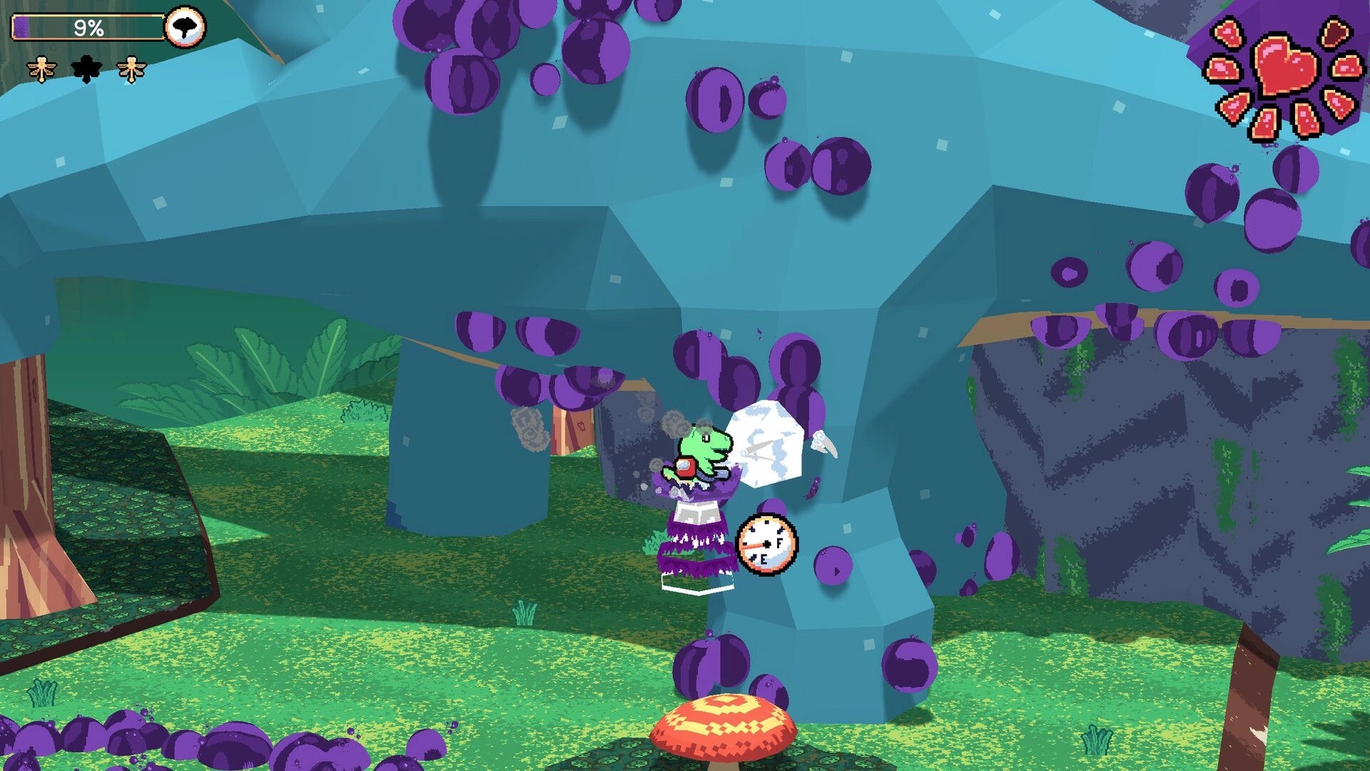 Dino Cleanup: Green dino vacuums purple goop off a huge blue dinosaur leg in a forest level UI 9%.