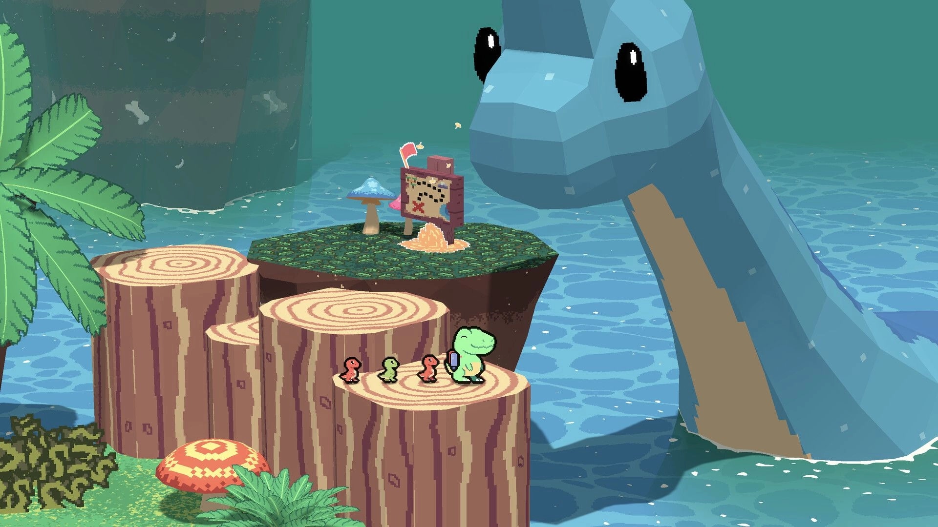 Dino Cleanup: Green dino and tiny hatchlings on stump platforms by river, giant blue dino nearby.