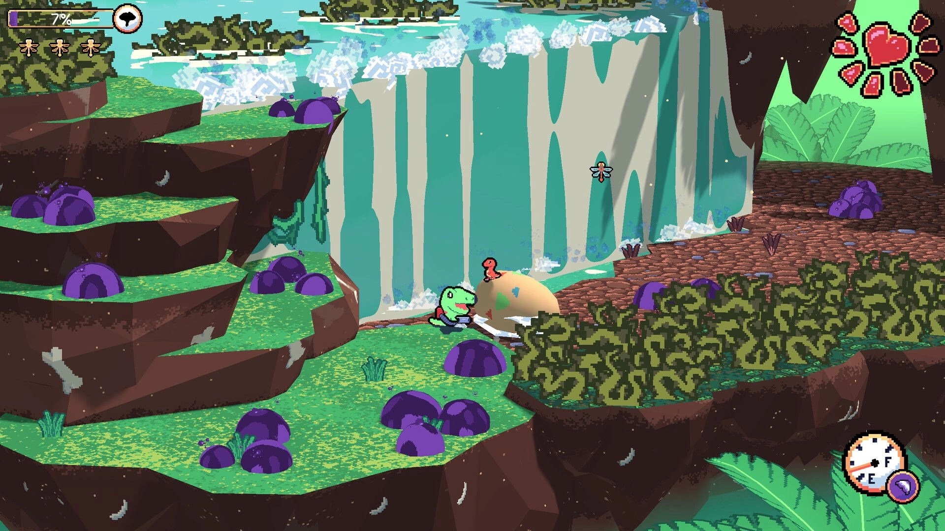 Dino Cleanup: Green dino vacuums a muddy boulder by a waterfall, with heart meter and 7% gauge UI.