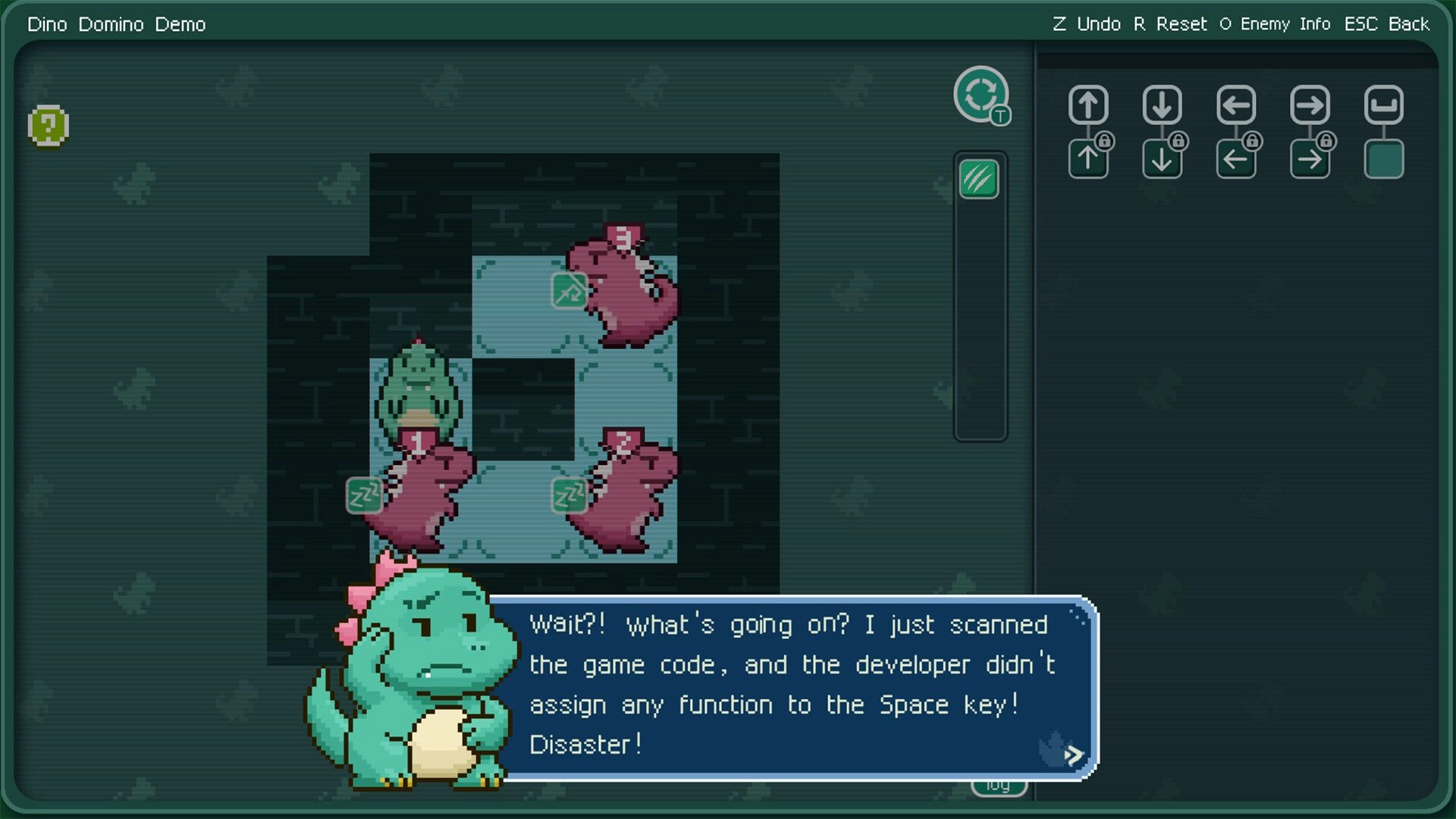 Dino Domino: Dino dialogue over tiled puzzle with sleeping dinos and arrow command icons in dungeon UI.