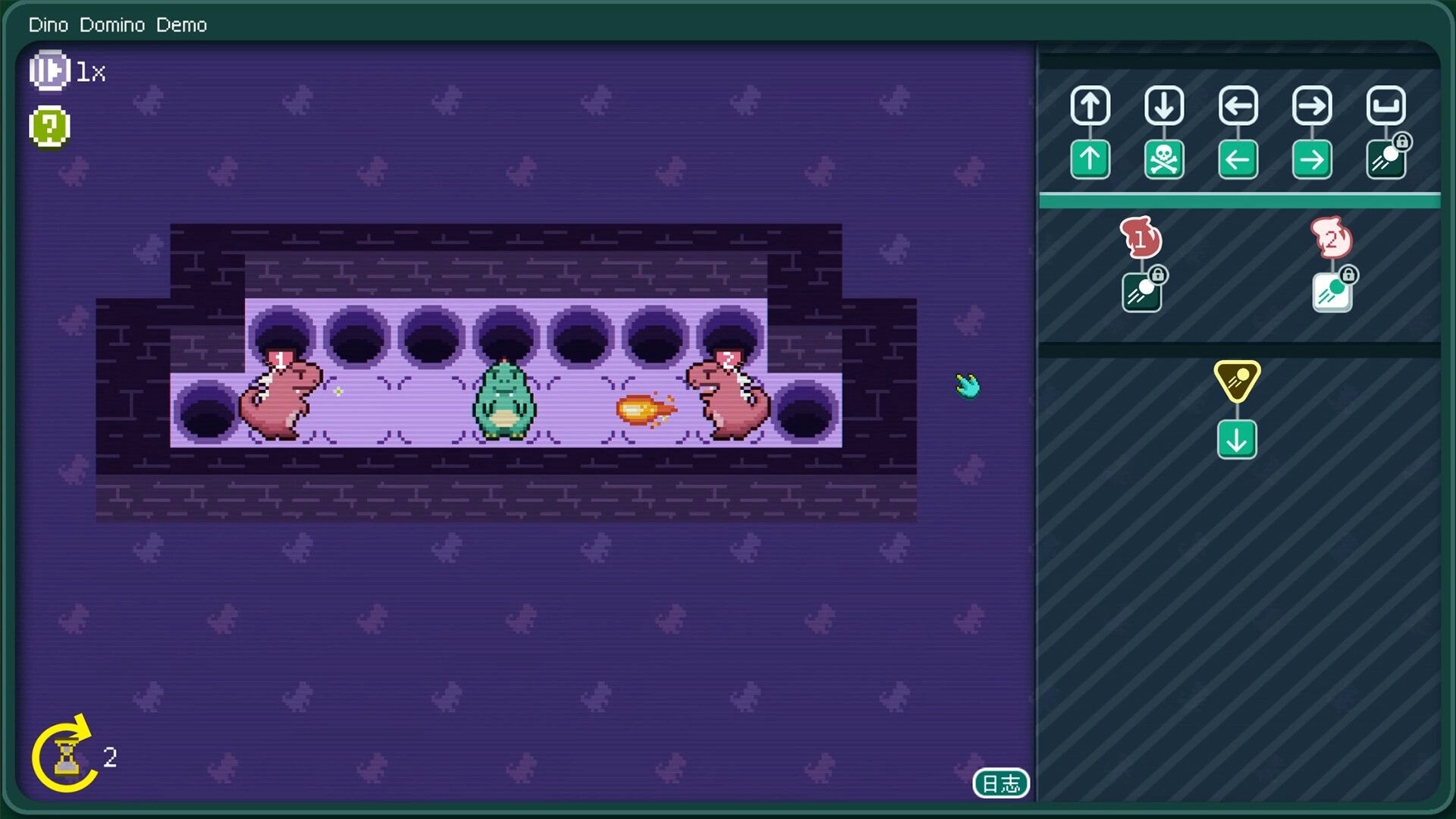Dino Domino: Green dino between two pink foes as a fireball flies in a brick tunnel with command UI panel.